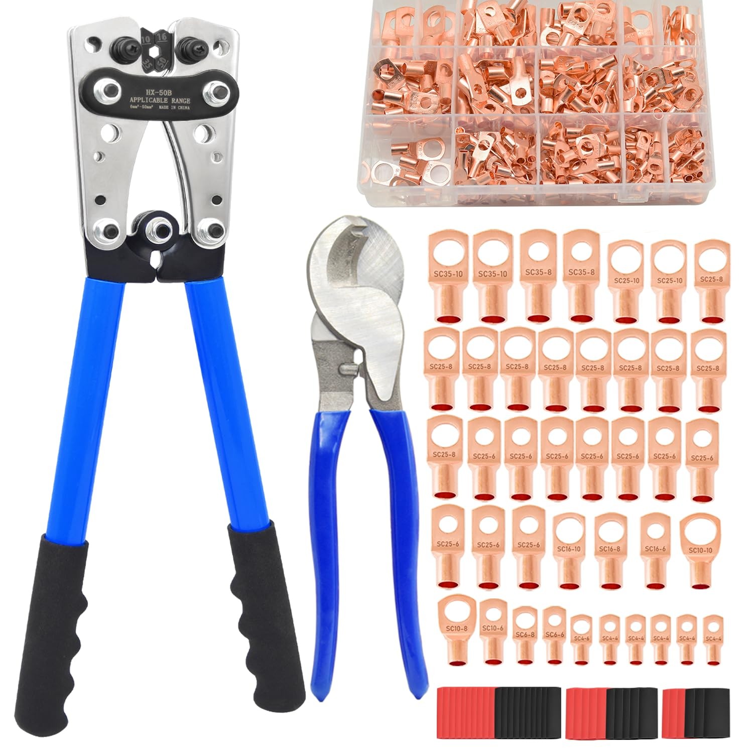 Cable Lug Crimping Tool With 200pcs Copper Wire Lugs Battery Cable Lug Crimping