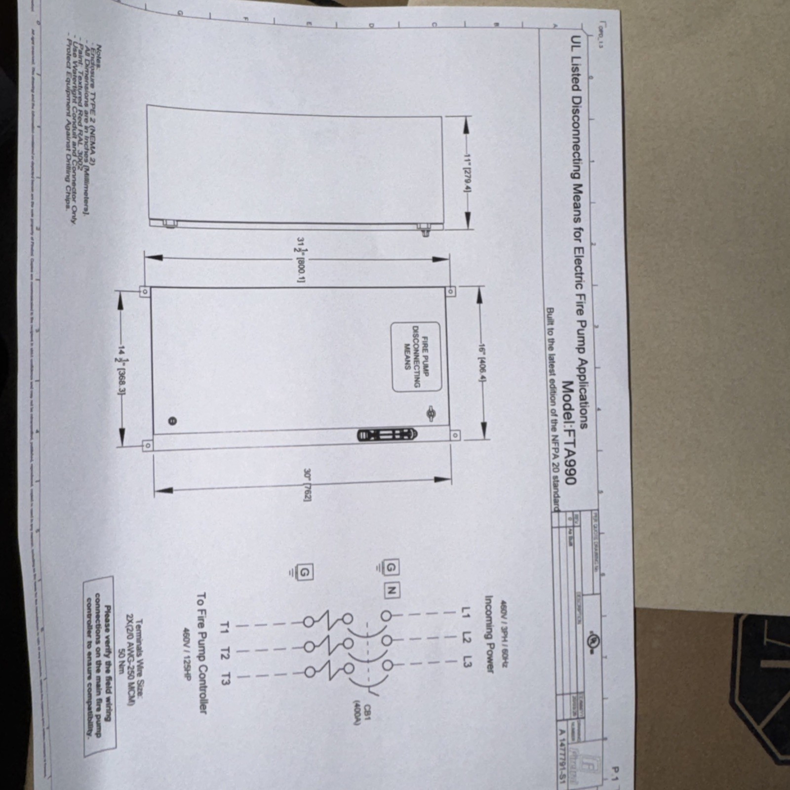 firetrol FTA990-M125B Fire Pump Controller Disconnect 125HP 3PH