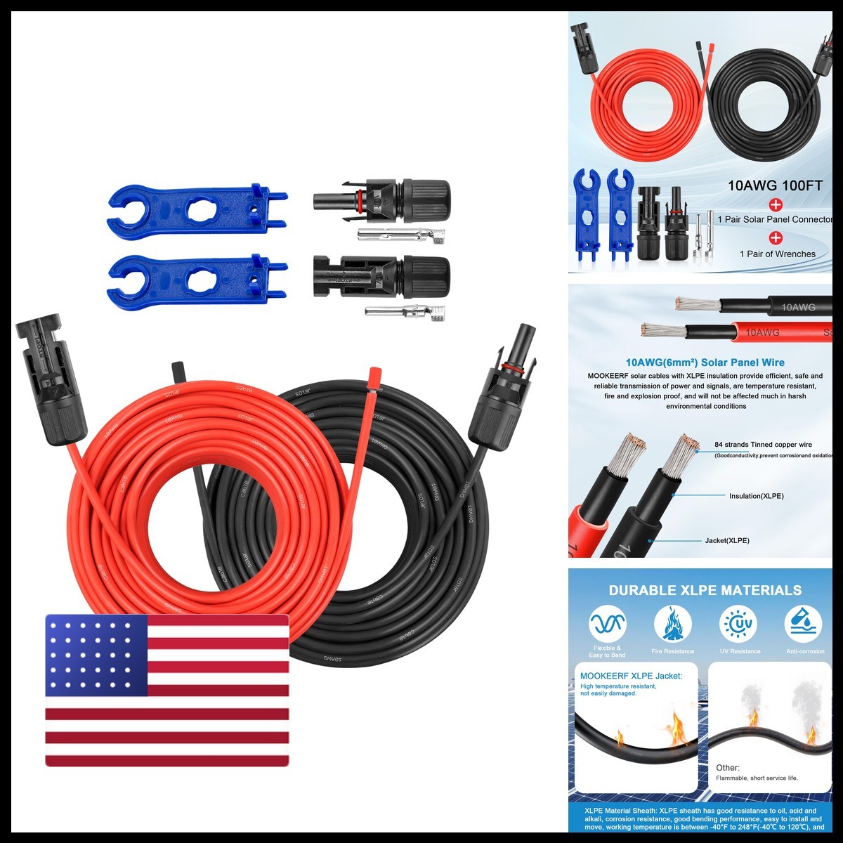 MOOKEERF 10AWG Solar Extension Cable 100FT Red + Black PV Wire for RV Home Boat