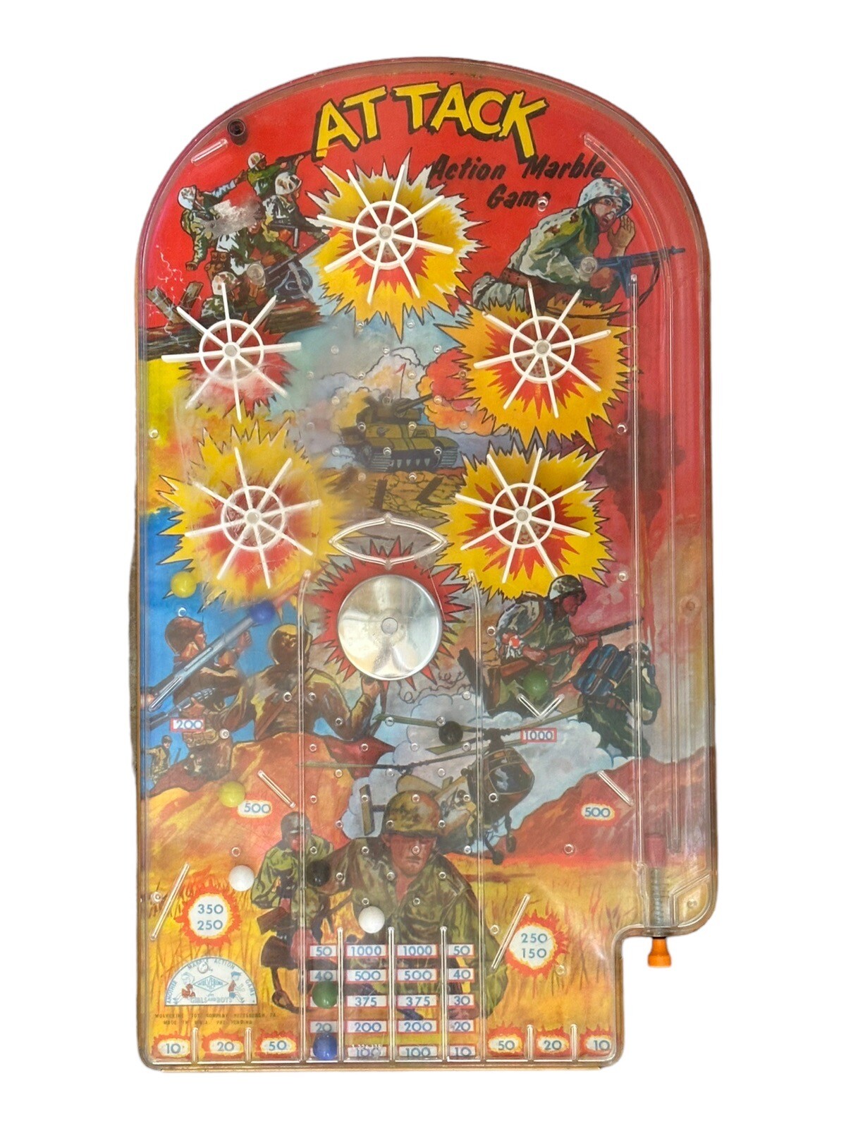 VTG Wolverine Toy Co Metal Pinball Machine Military Attack Action Marble Game