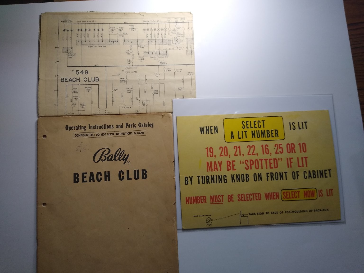 Bally Beach Club Arcade Pinball Manual Schematic Instruction Sign Lot of 3