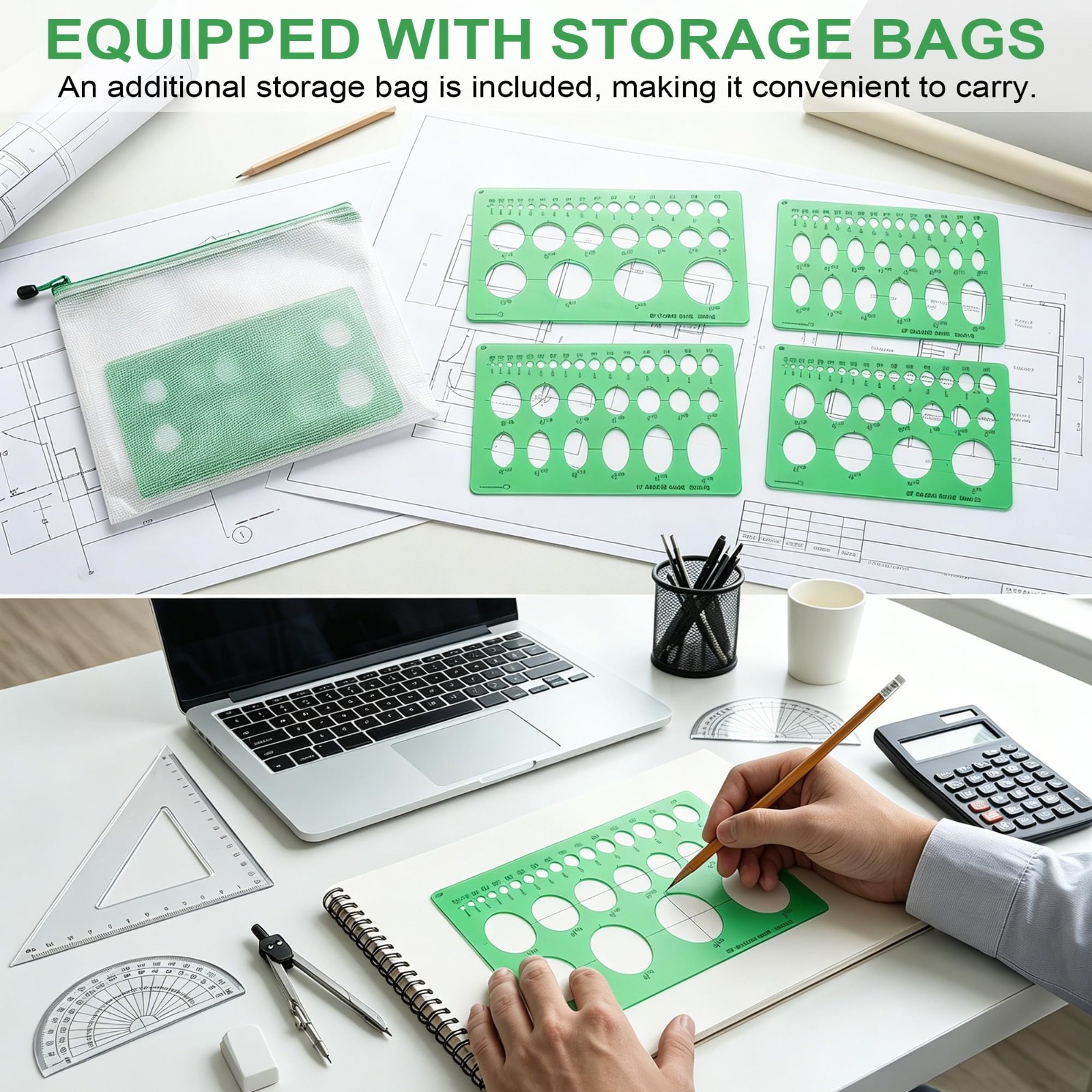 15 PCS Circle & Oval Template Set - Plastic Measuring Tools for Drafting, Storag