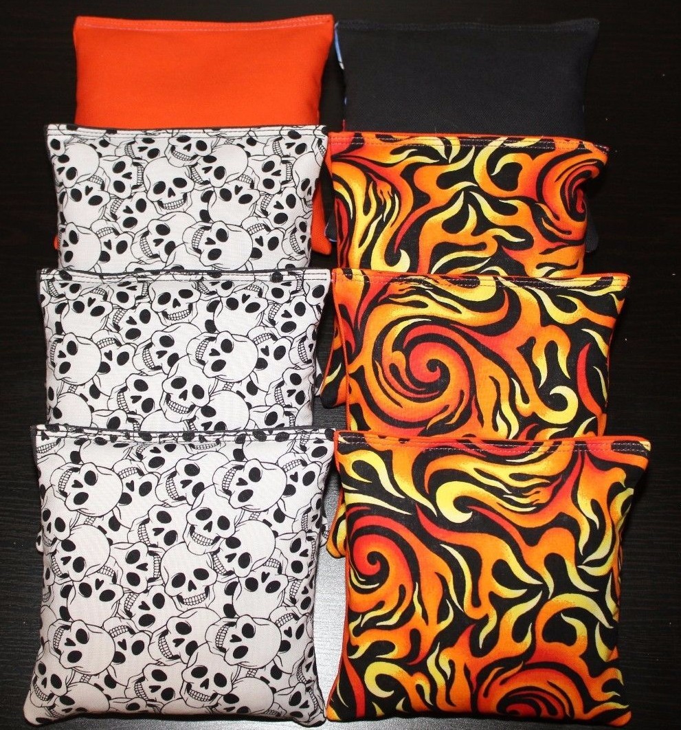 FLAMES & SKULLS Cornhole Bean Bags 8 ACA Regulation Harley Orange & Black Bags