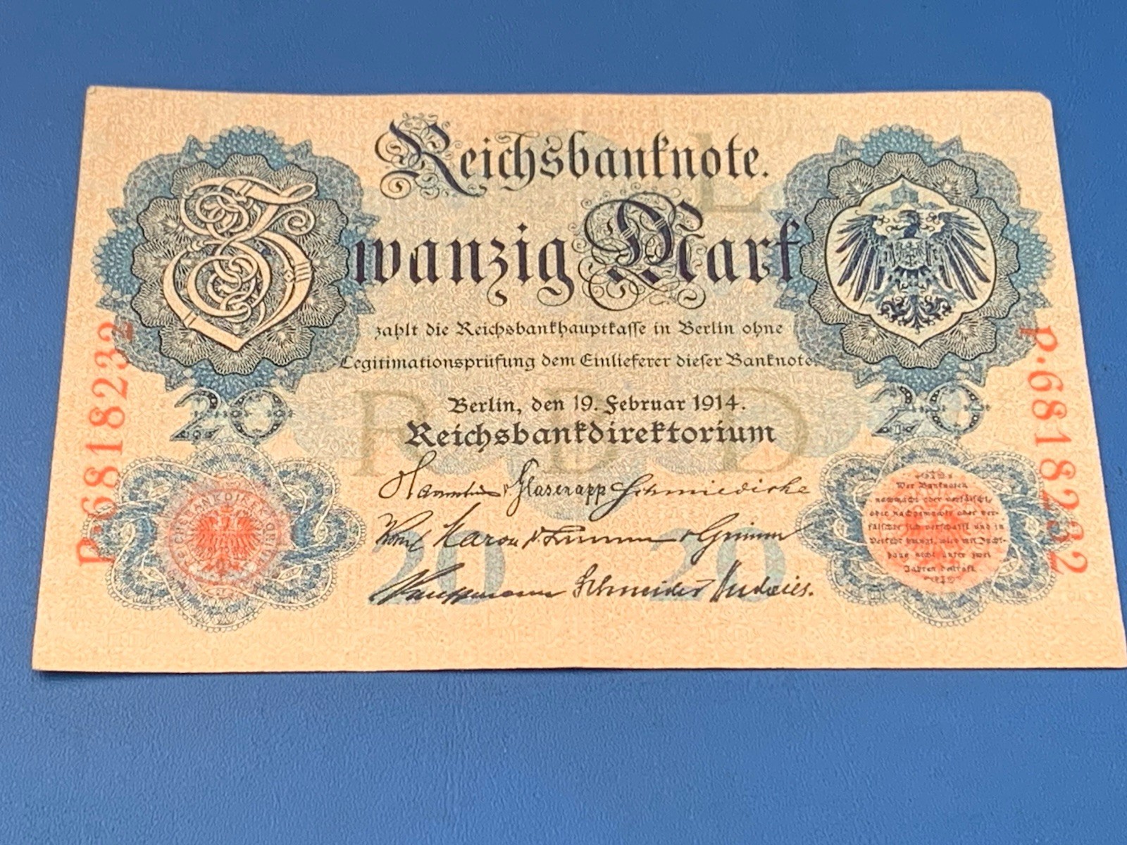 WWI ERA. BERLIN MINT. 19/2/14, TWENTY MARK NOTE -:- IN CIRCULATED CONDITION.