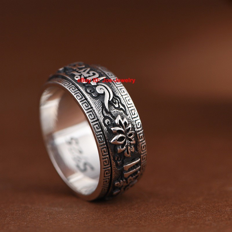 NEW Solid 925 Sterling Silver Men's Ring Buddhist Sutra Rotatable Ring Size 10