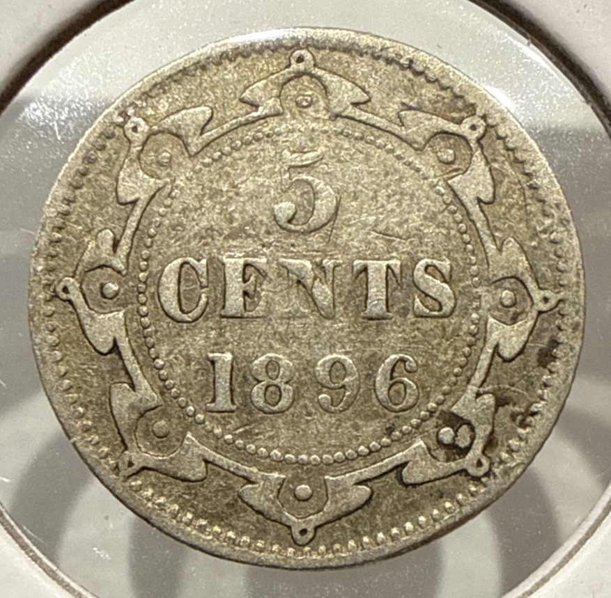 1896 5 Cents Newfoundland Canada Silver 5C Coin Queen Victoria (F390)