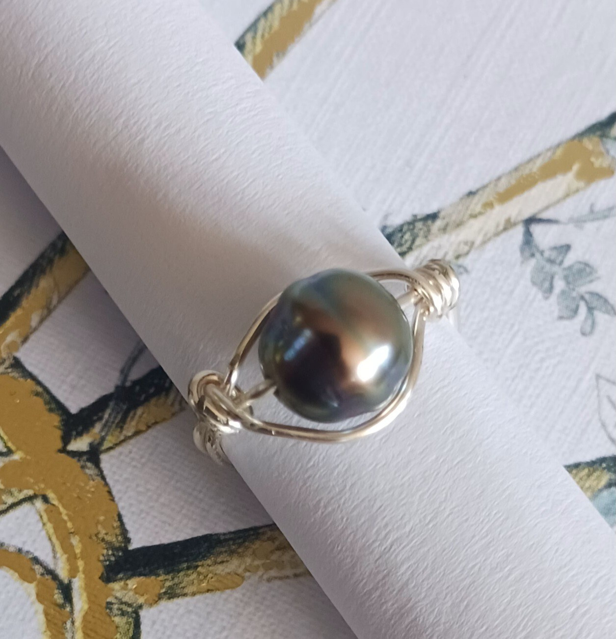 Tahitian Pearl Wire Wrap Ring 8mm Size 4 Authentic Silver Wire Handmade