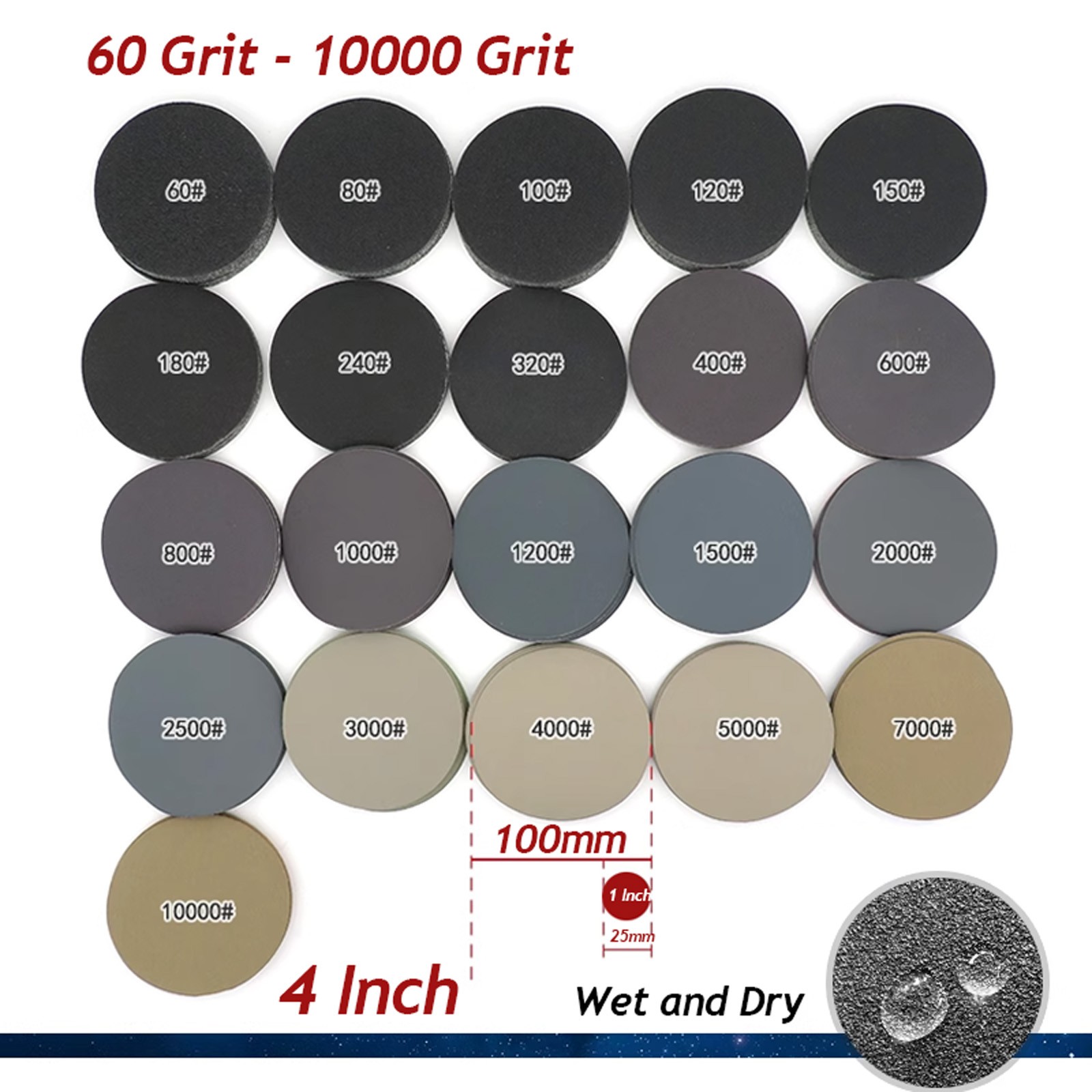 4" 100mm Wet and Dry Sandpaper Round Sanding Discs Hook and Loop 60-10000 Grit