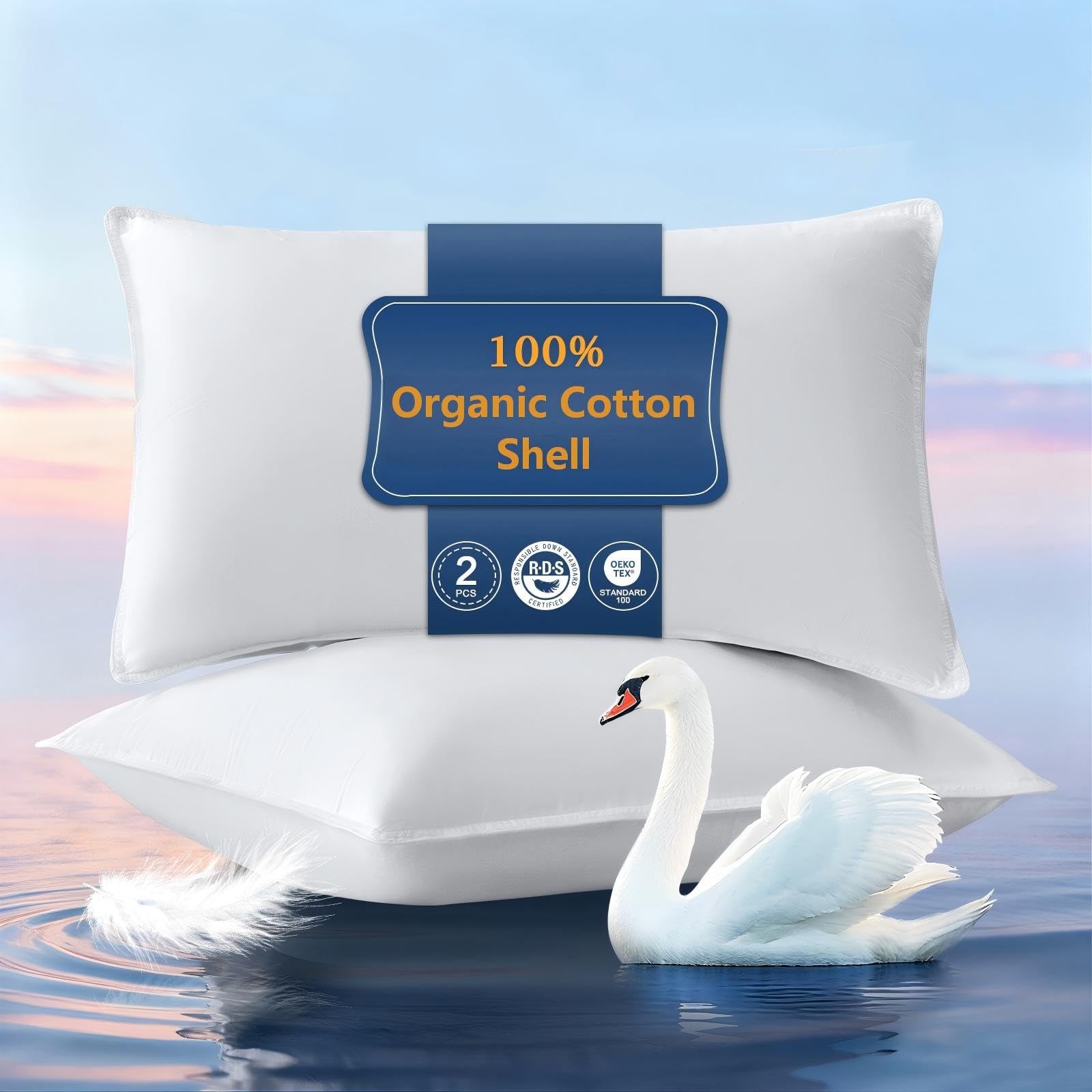 Goose Feather Pillows Standard Size Set of 2, Ultra Soft 700 TC Organic Cotton