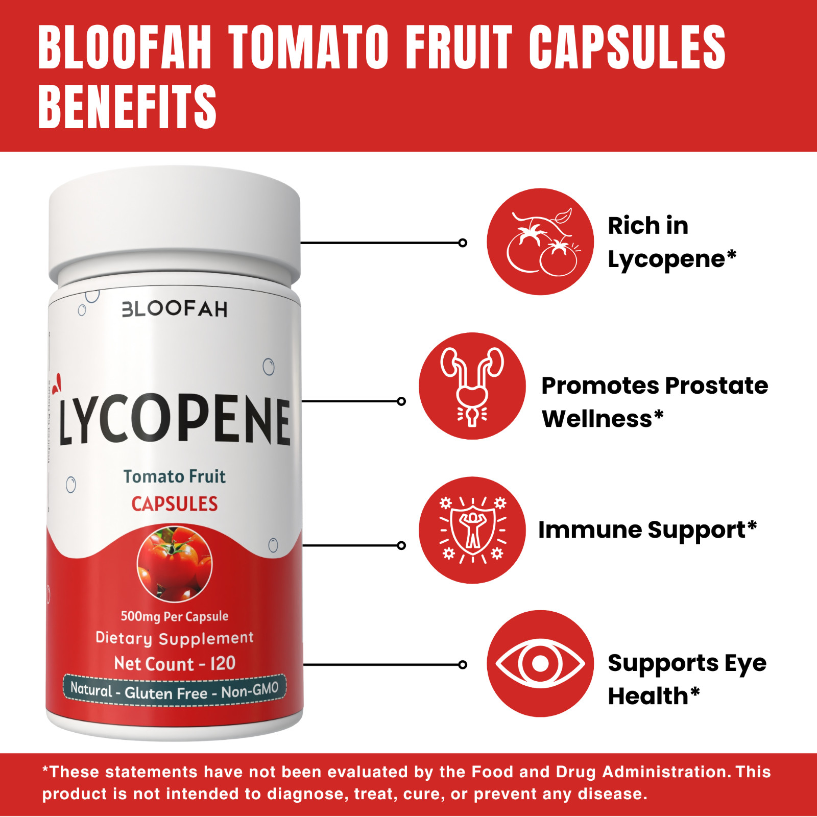 Bloofah Lycopene Tomato Fruit Powder Capsules 500mg | 120 Count | Clean Label
