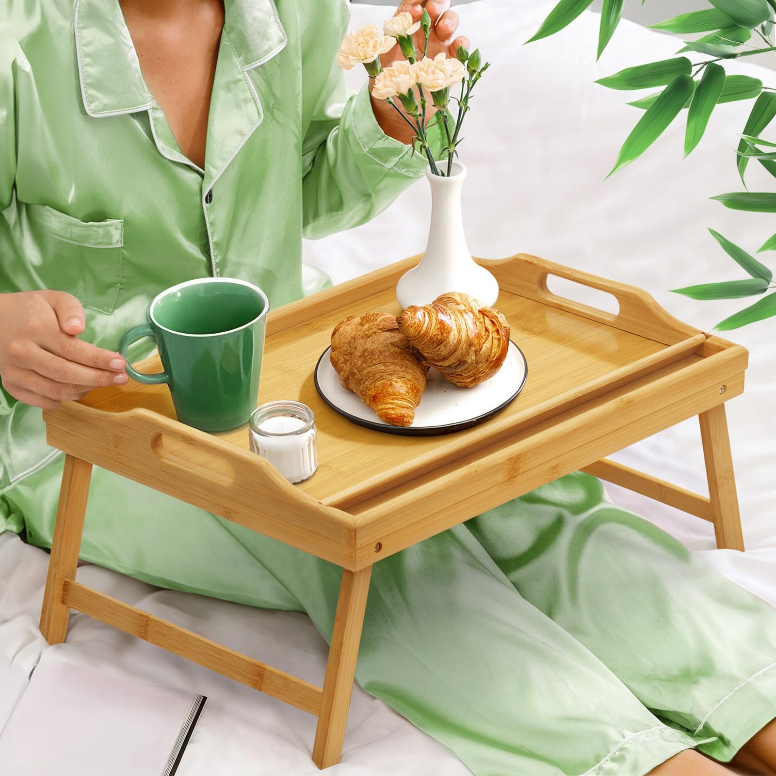 Tray Table for Bed, Bamboo Breakfast with 18.1" x 11.2" x 7.7",