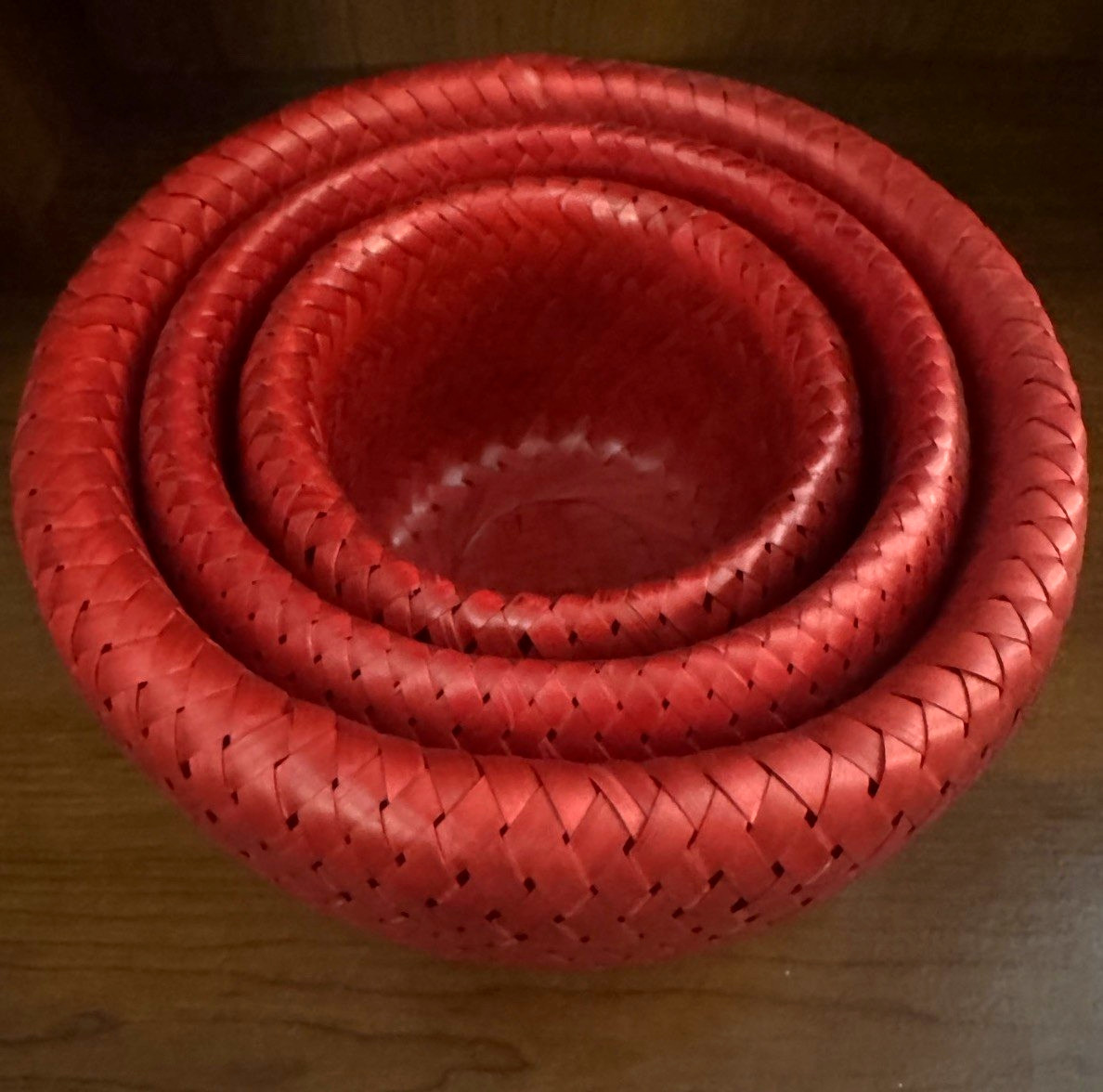 NEW Set of Three Crate & Barrel Woven Bambu Nesting Baskets Decor Crimson Red