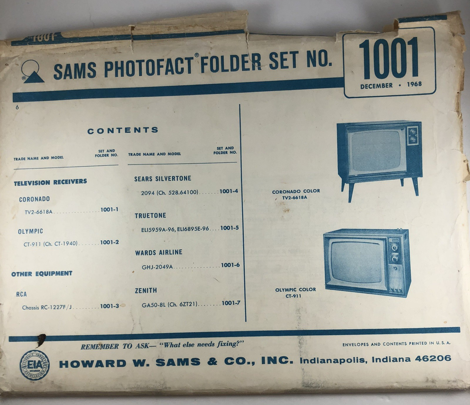 SAMS PHOTOFACT FOLDER SET NO. 1001, 1968, SCHEMATICS & SERVICE MANUALS