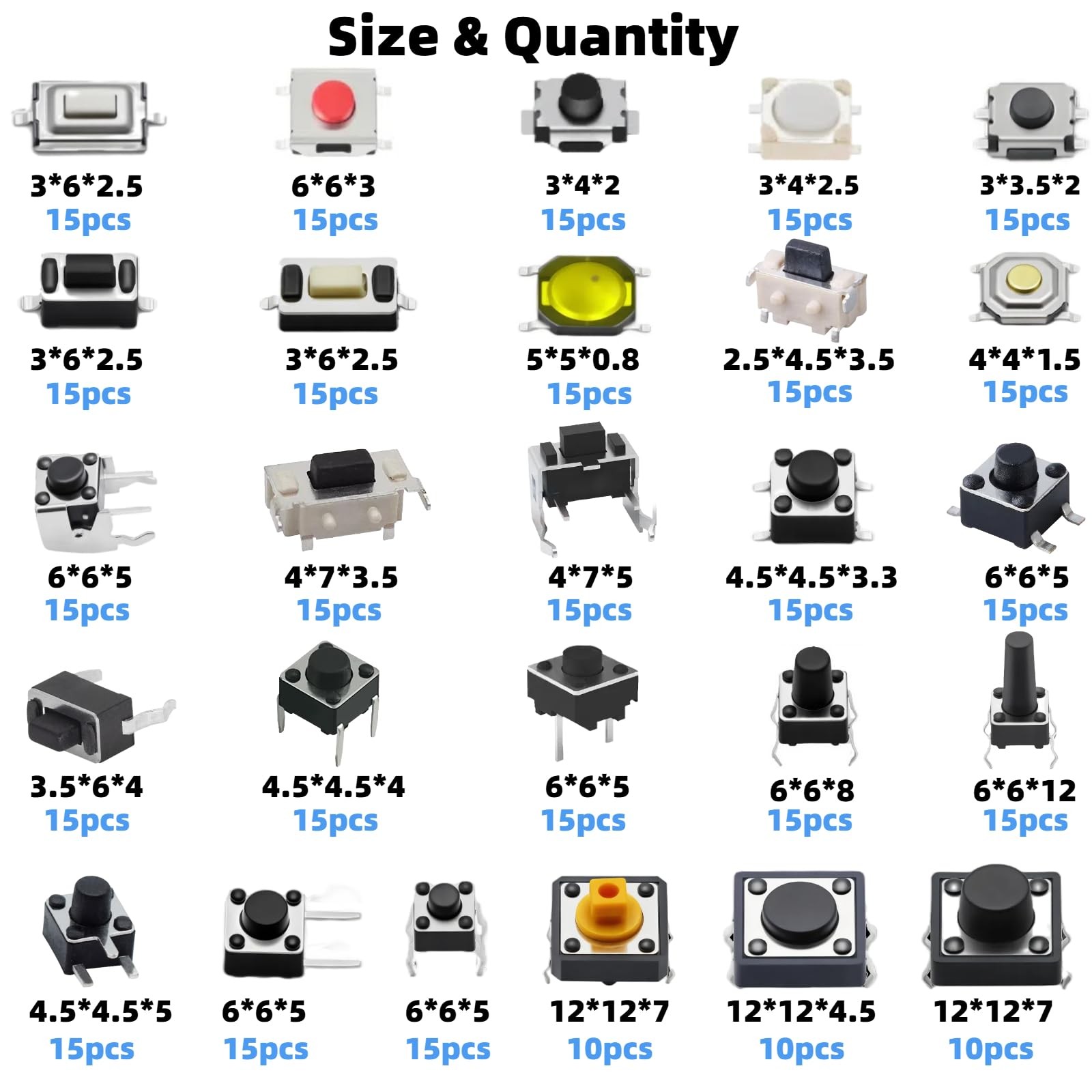 375PCS 26Values Micro Momentary Tactile Push Button Switch Assortment Kit 2 P...