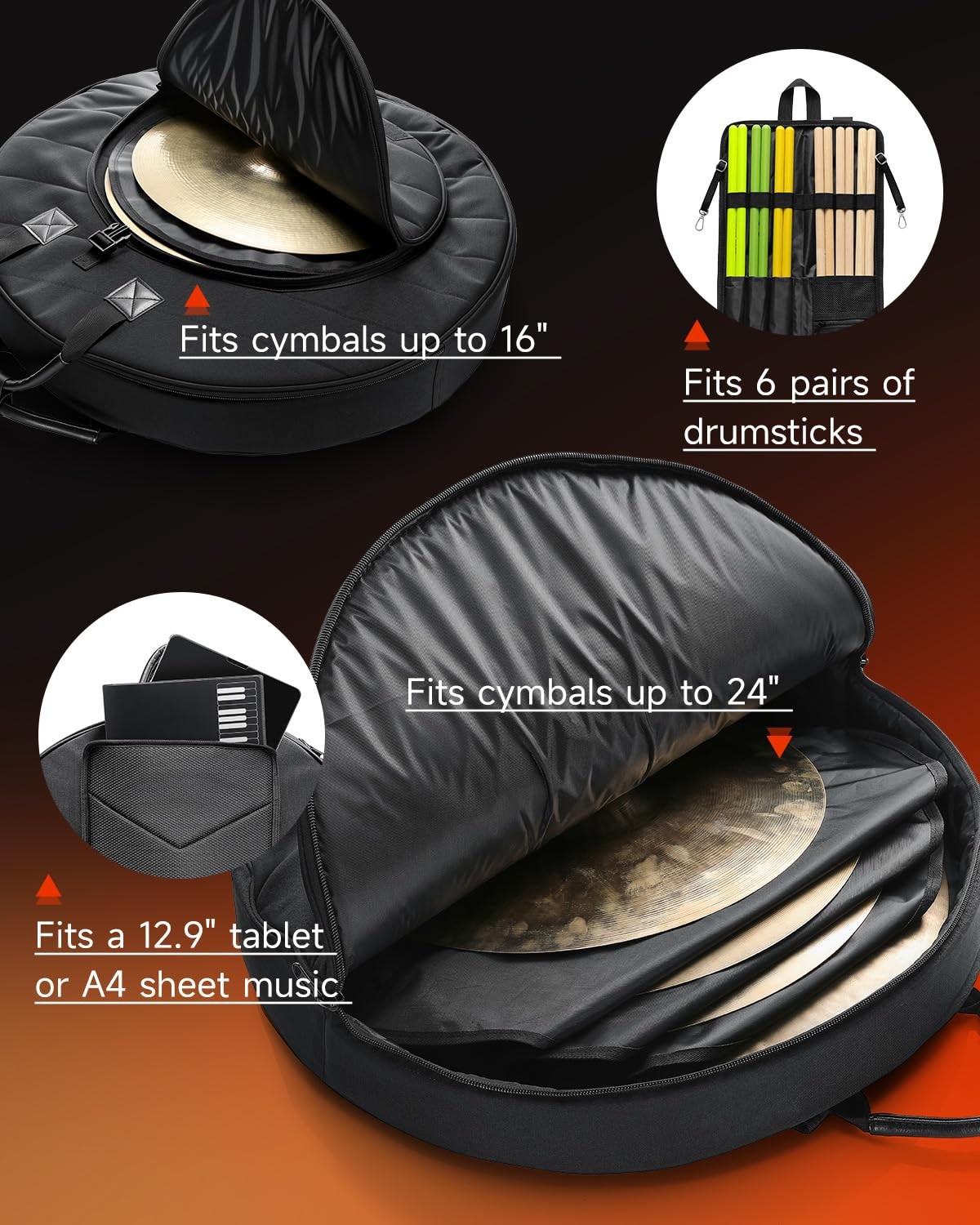 Donner Cymbal Bag with Drumstick Bag, Backpack Large, Black