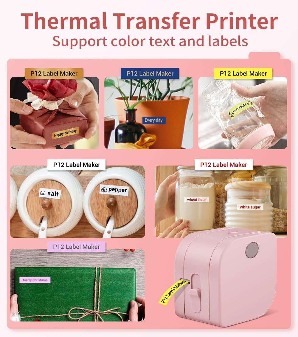 Label Maker Machine with Tape, P12 Ribbon Printer Machine Small Bluetooth Label