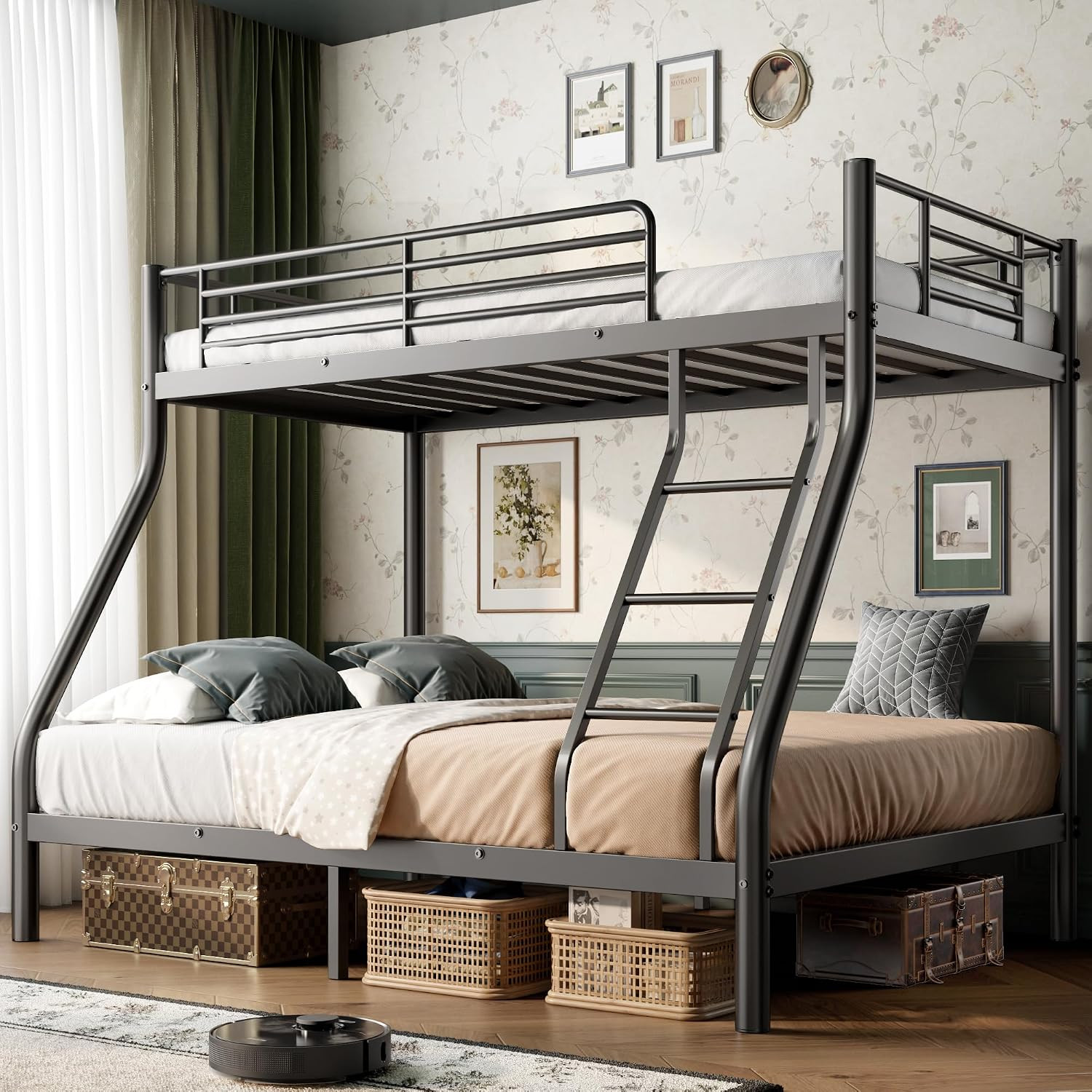 Bunk Beds Twin over Full Size, Heavy Duty Bunk Beds with Bottom Space & Guardrai