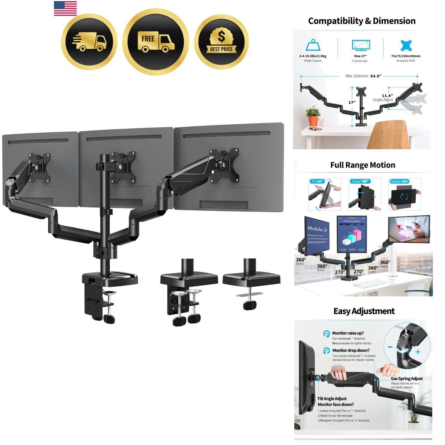 Triple Monitor Mount Desk Stand for 17-27 Inch Monitors with Gas Spring