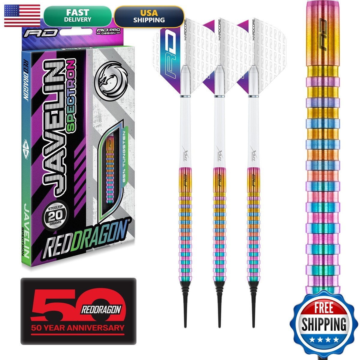 Red Dragon Javelin Spectron Soft Tip Darts Set - 85 Tungsten Long Grip Barrels
