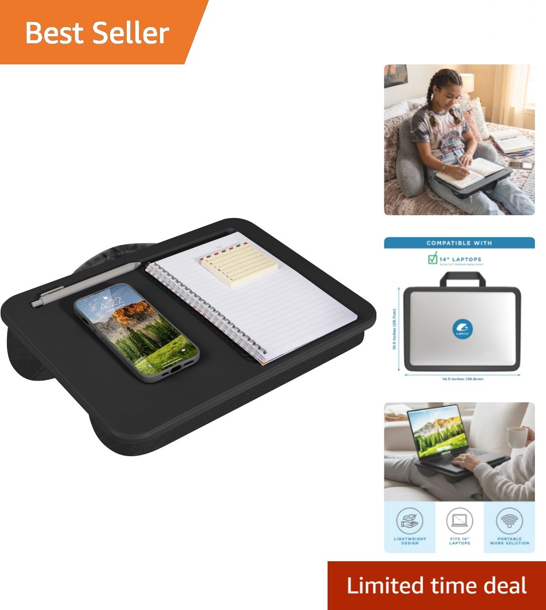 Compact Lap Desk – Fits Up to 14″ Laptops – Black– Style No. 43108