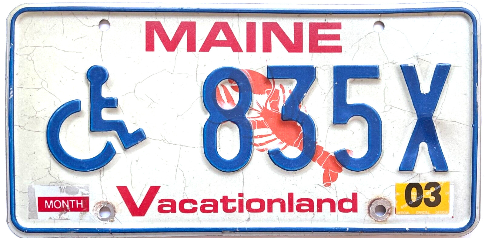 ORIGINAL VINTAGE MAINE VACATIONLAND LOBSTER HANDICAP LICENSE PLATE 835 X