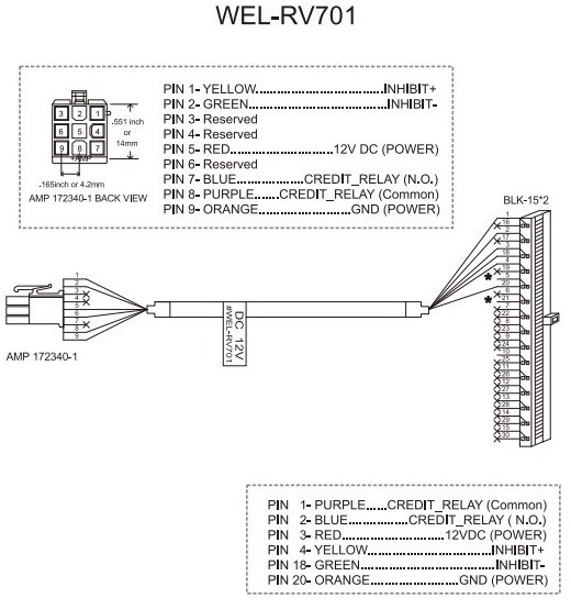 WEL-V701 ICT A7 V7 Bill Acceptor Note Validator DC 12V Cable Harness 6 Wires