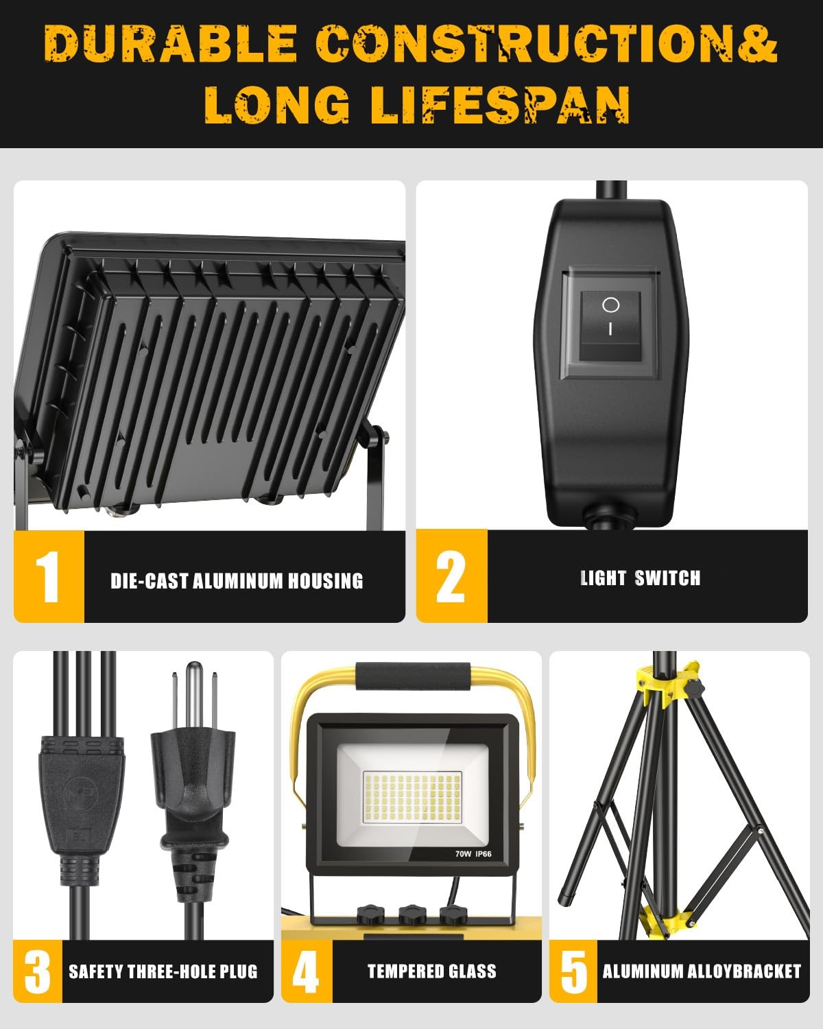 LED Work Light with Stand, 21000 Lumens Super Bright, 3-Head Adjustable Const...
