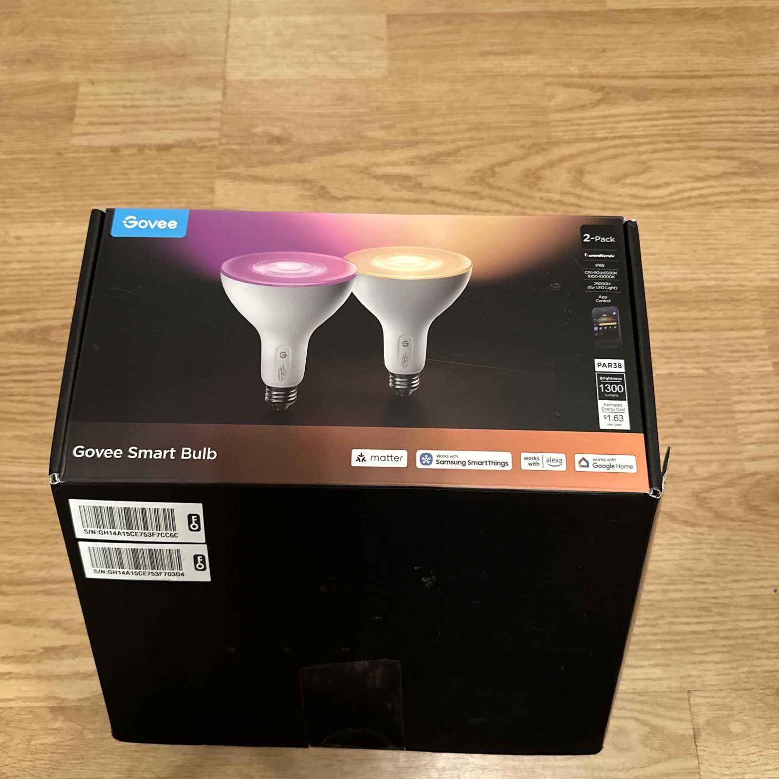 PAR38 Flood Light Bulbs RGBWW Smart IP65 Waterproof E26 2 Pack Govee 1300Lm Base