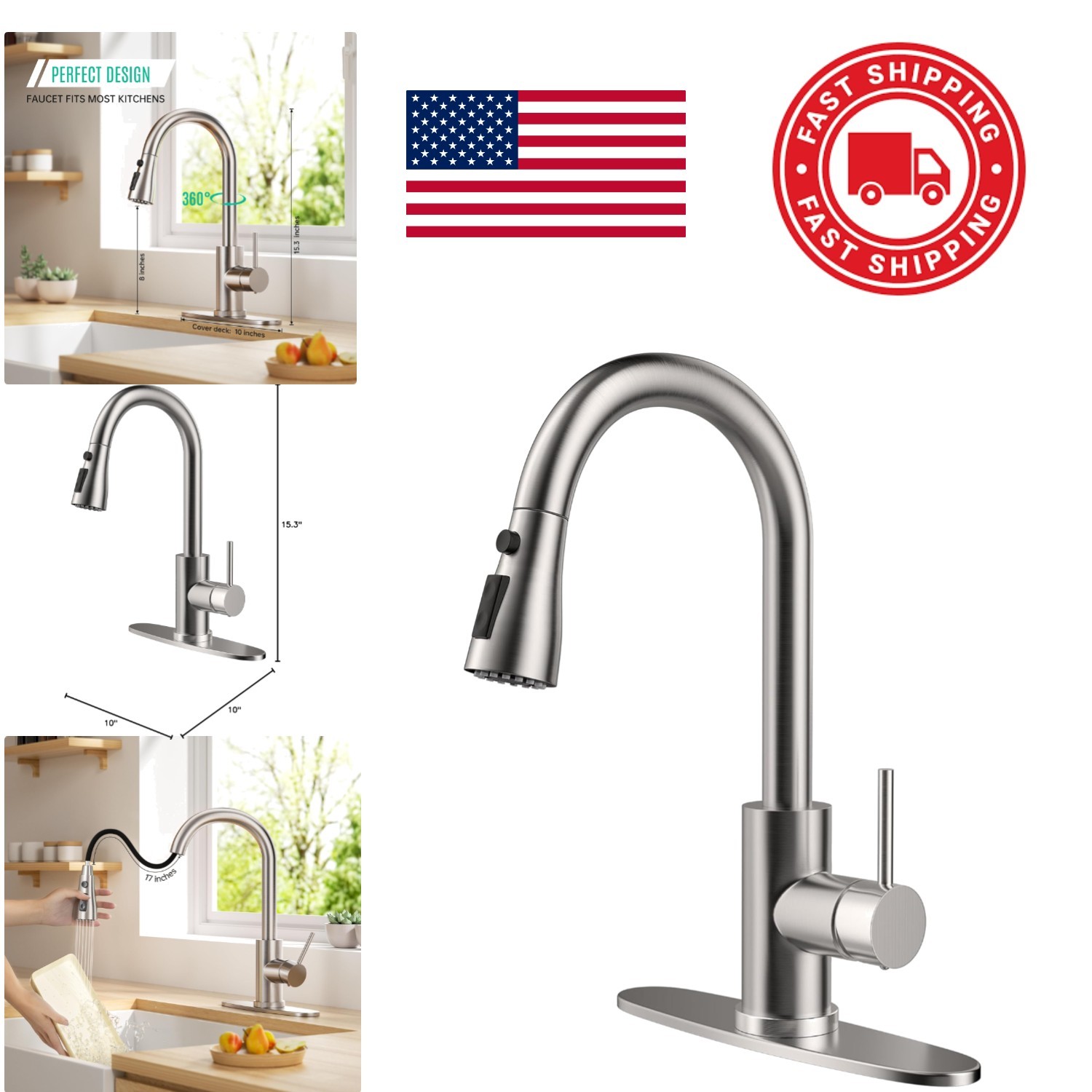 Kitchen Faucet with Pull Down Spray Brushed Nickel Stainless Steel 360 Swivel
