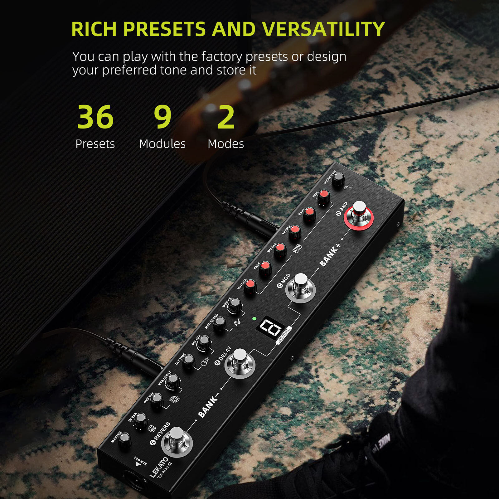 LEKATO Multi Effects Guitar Effects Pedal Processor 36 Presets Built-in 3000mAh