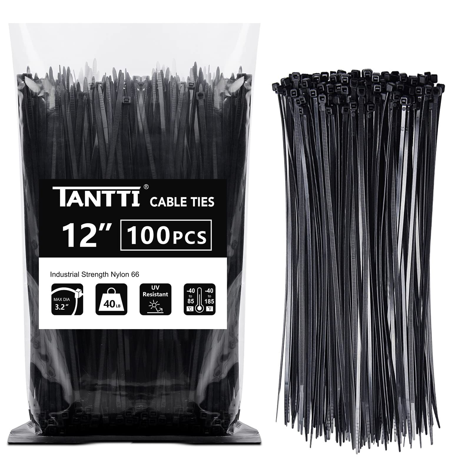 Zip Ties 12 inch, Black 100 pack, 40lb, Cable 12" (100 Pack),