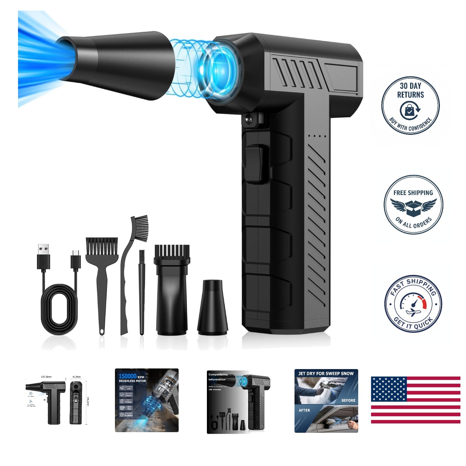 150,000 RPM Cordless Electric Air Duster with Nozzles - Perfect for All Surfaces