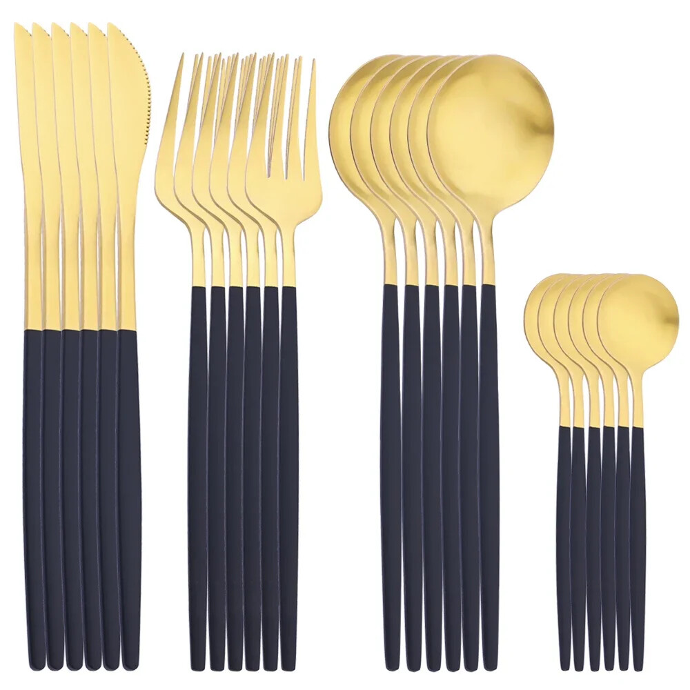 24Pcs Gold Cutlery Stainless Steel Dinnerware Set Spoon Tableware Supplies