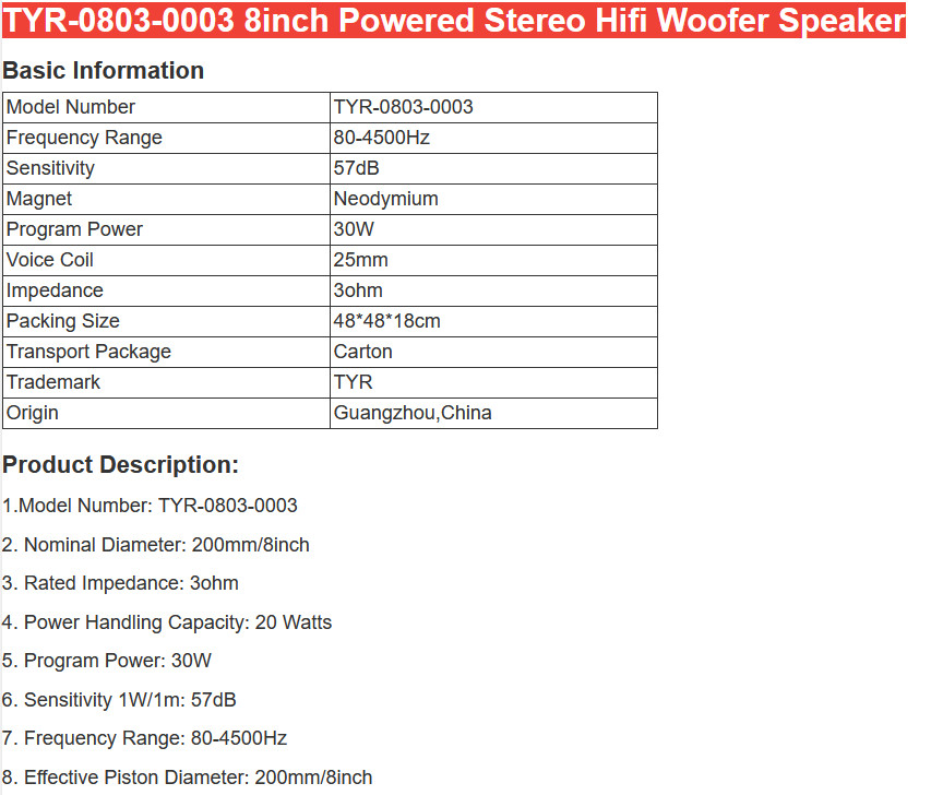 TRS 0803-0030 8" speaker 3Ω, 30W