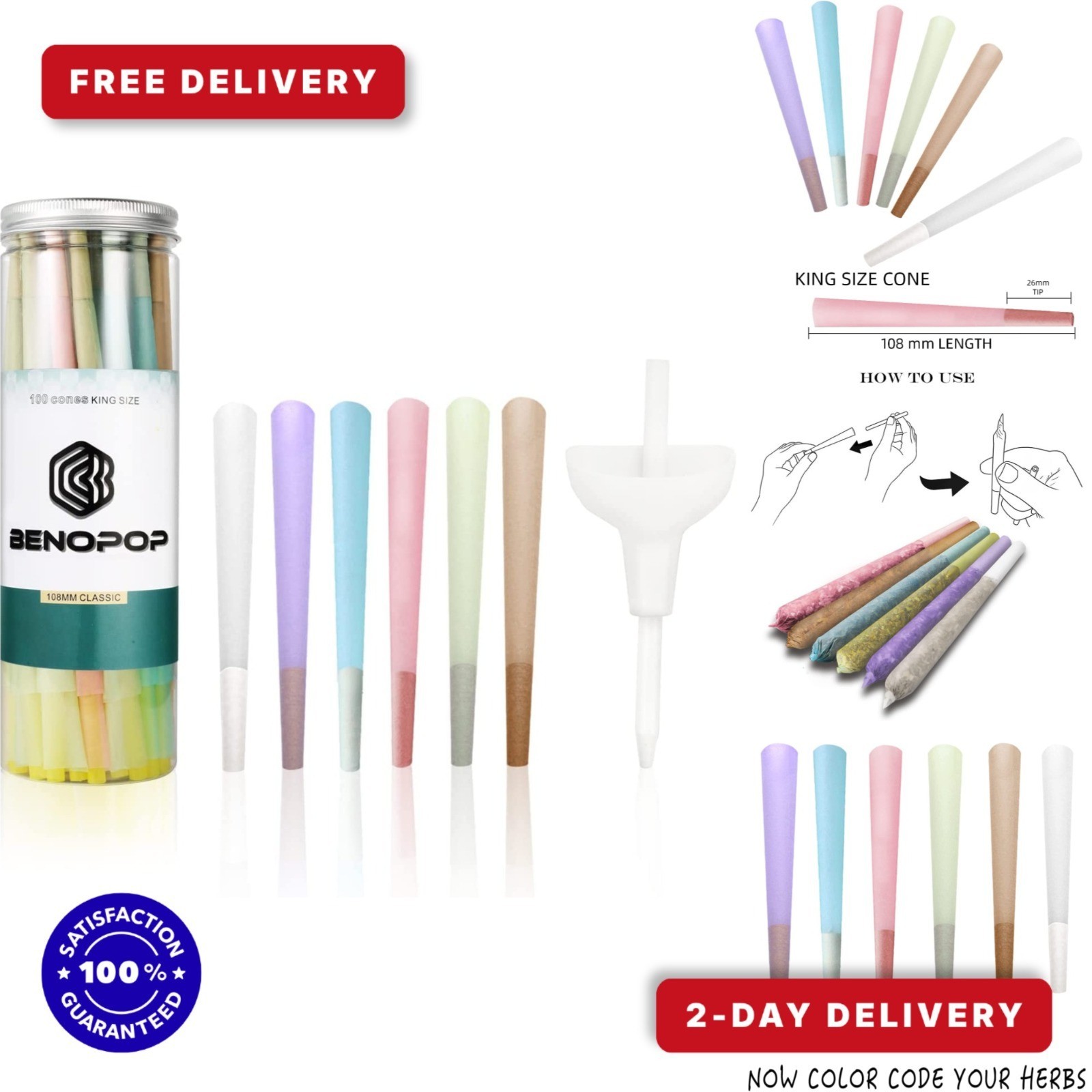 benopop Colorful Pre Rolled Cones - 100 Pack King Size 4.2"