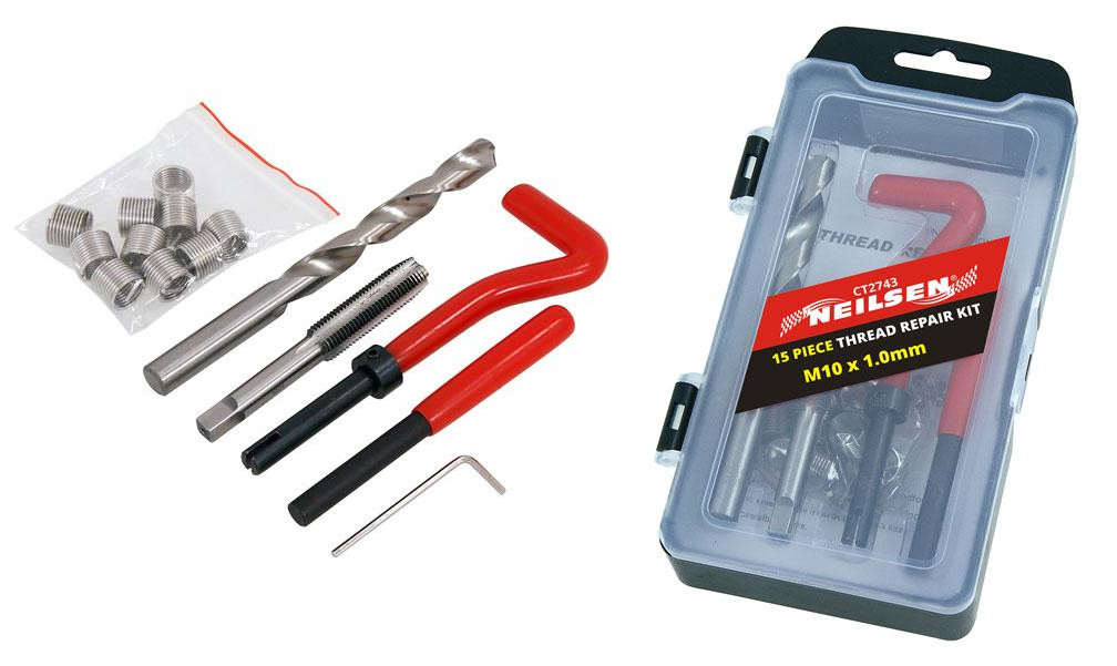 NEILSEN M10 x1.0 Thread Repair Kit — 15PC Helicoil-Style Insert, Drill & Tap