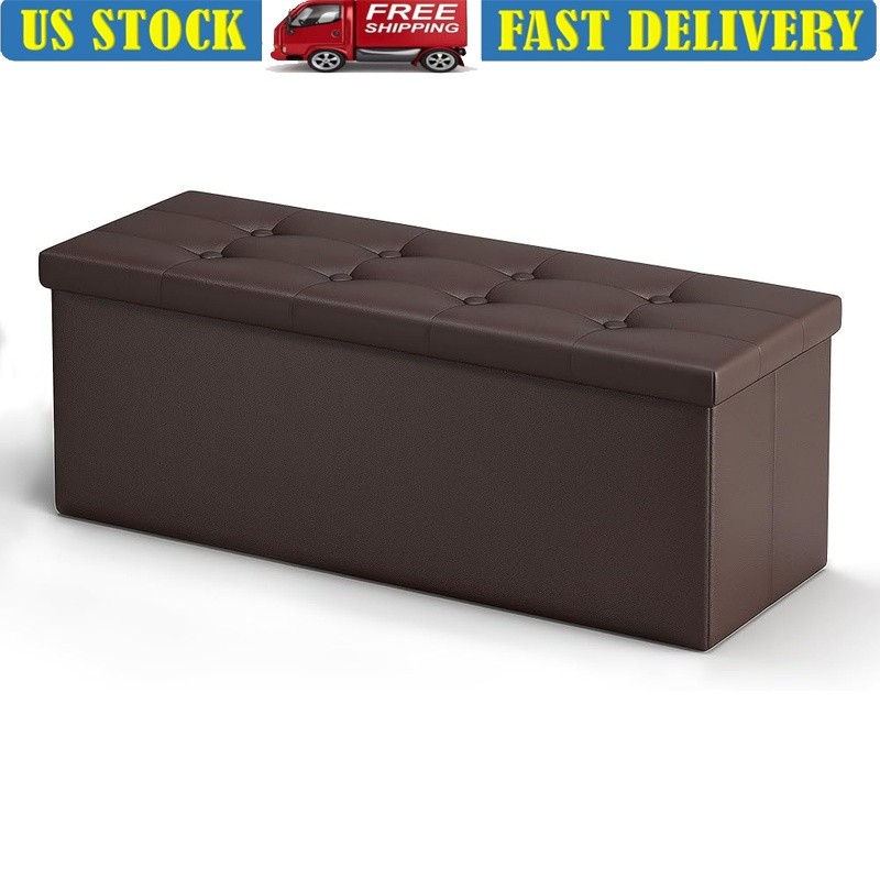Folding Storage Ottoman Leather Footrest Table W/ Large Hidden Storage Seat New
