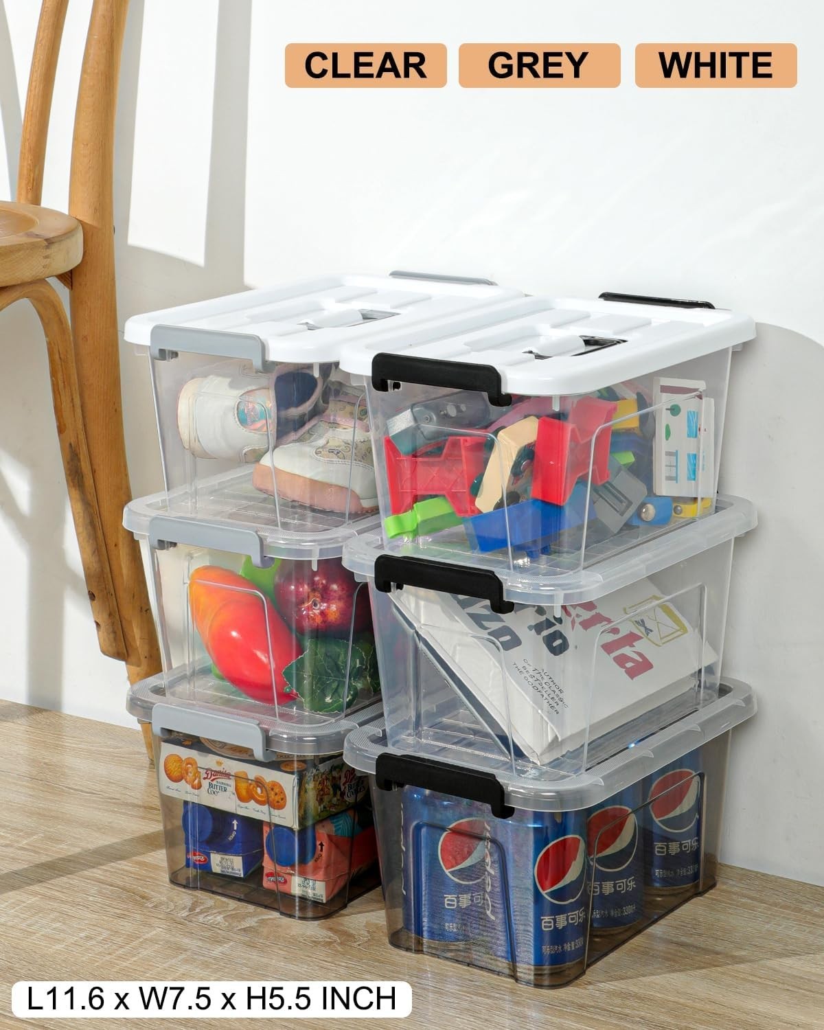 Transparent Stackable Storage Bins 7 Quart, 6 Pack with Handles - Home Organizer