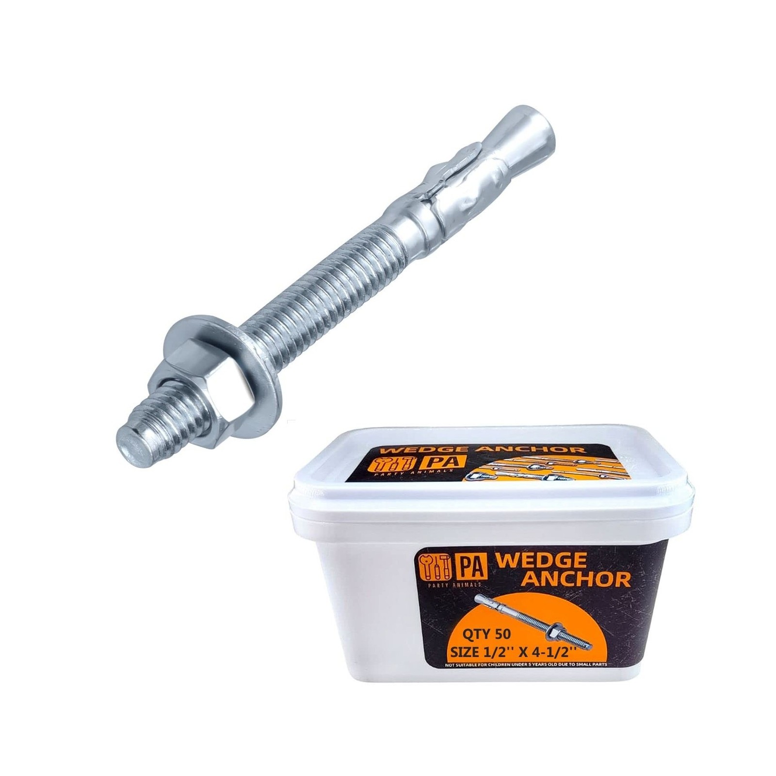 Party Animals 1/2 x 4-1/2 Inch Wedge Anchor, 50 PCs Zinc-Plated Industrial An...