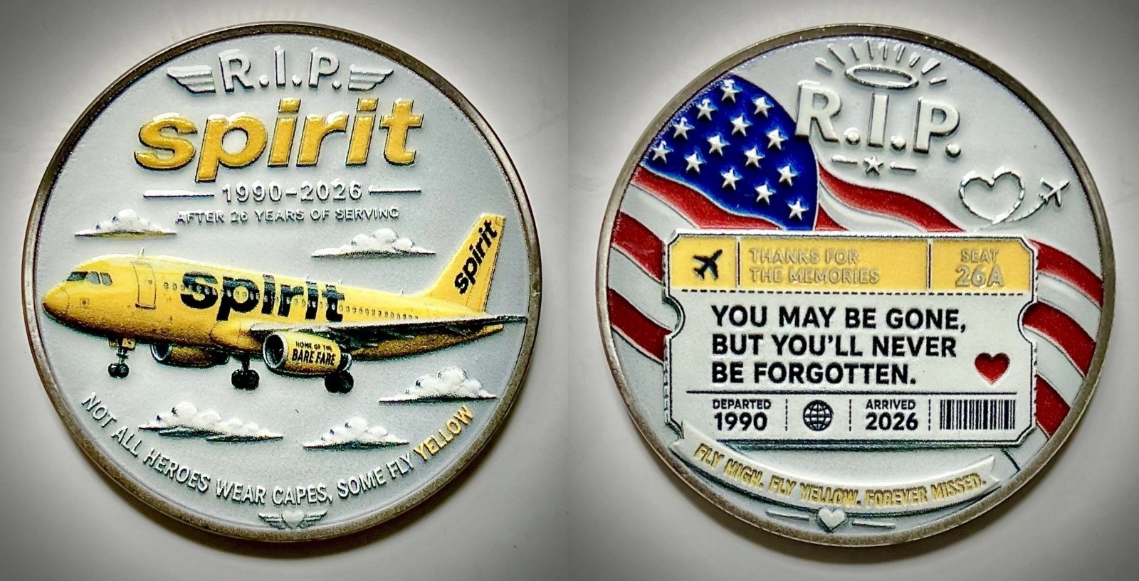 rare Spirit Airlines coin - Glossy, 3D silvery RIP 1990-2026 Brand New Challenge