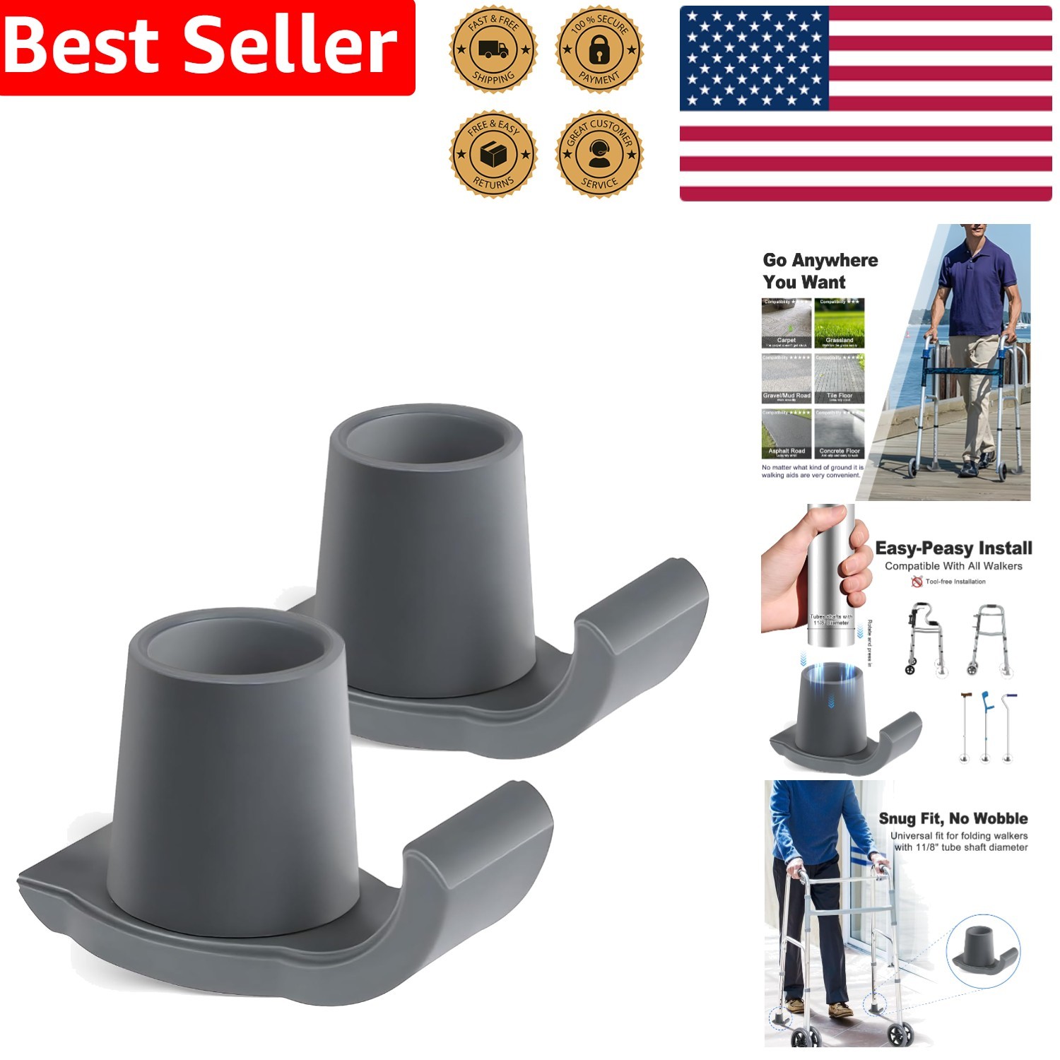 Durable Walker Ski Glides for Folding Walkers - Easy Install, 2-Pack Gray