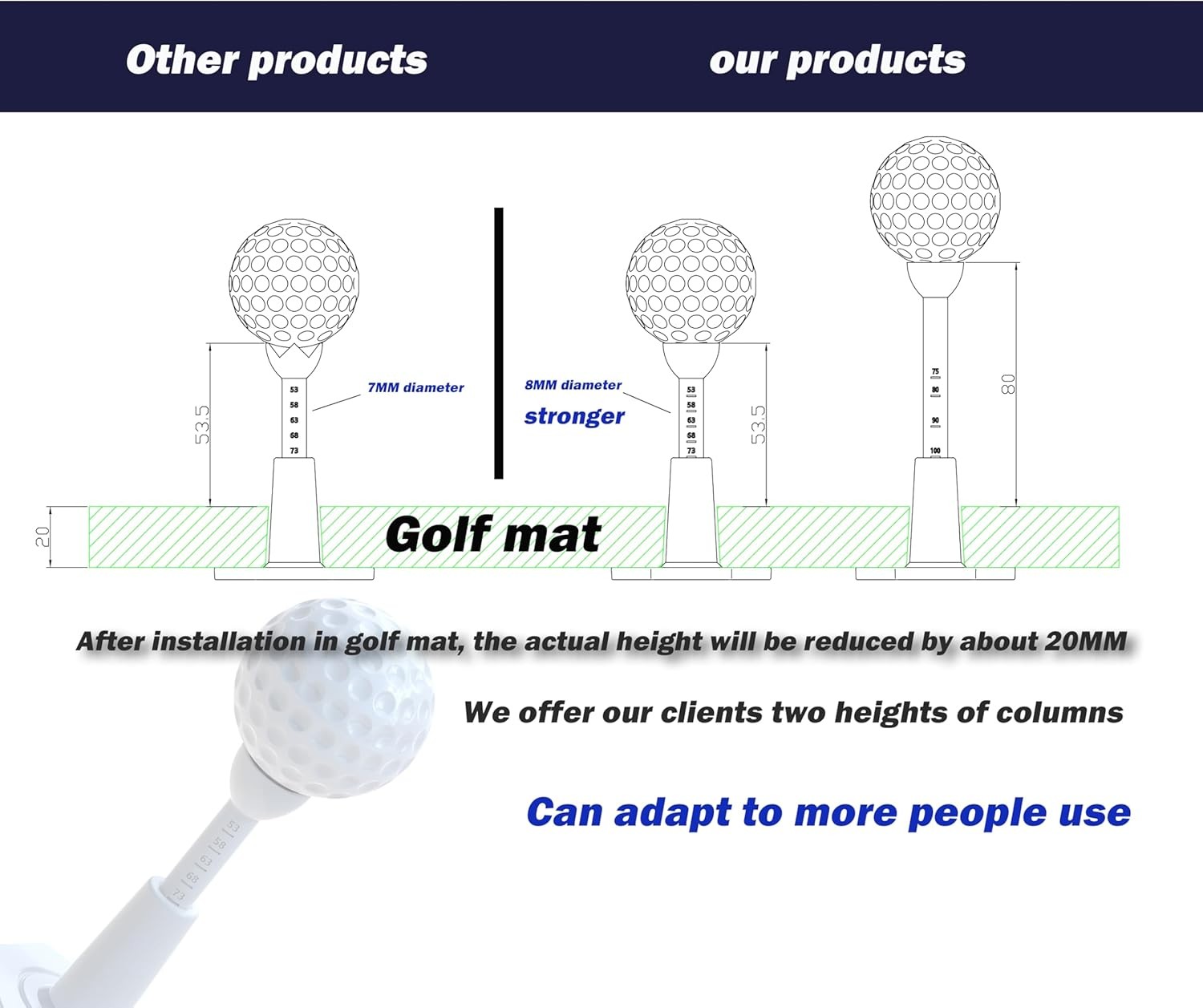 Adjustable Unbreakable Golf Tee，Rubber Tees for Mats，Driving Range Blue