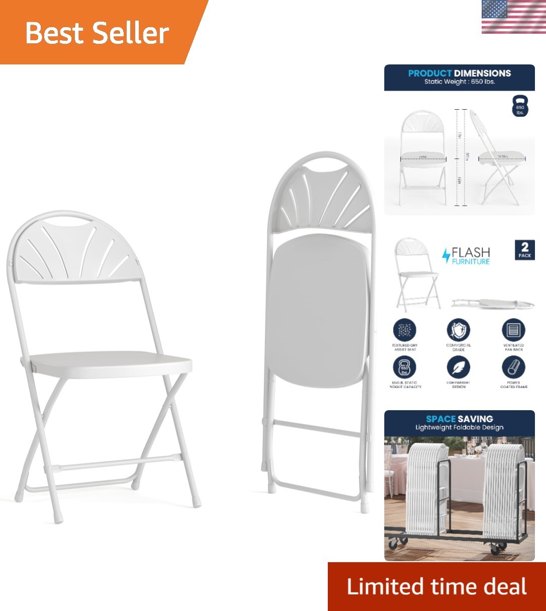 Durable White Folding Chairs - 2 Pack, Ideal for Indoor/Outdoor Events