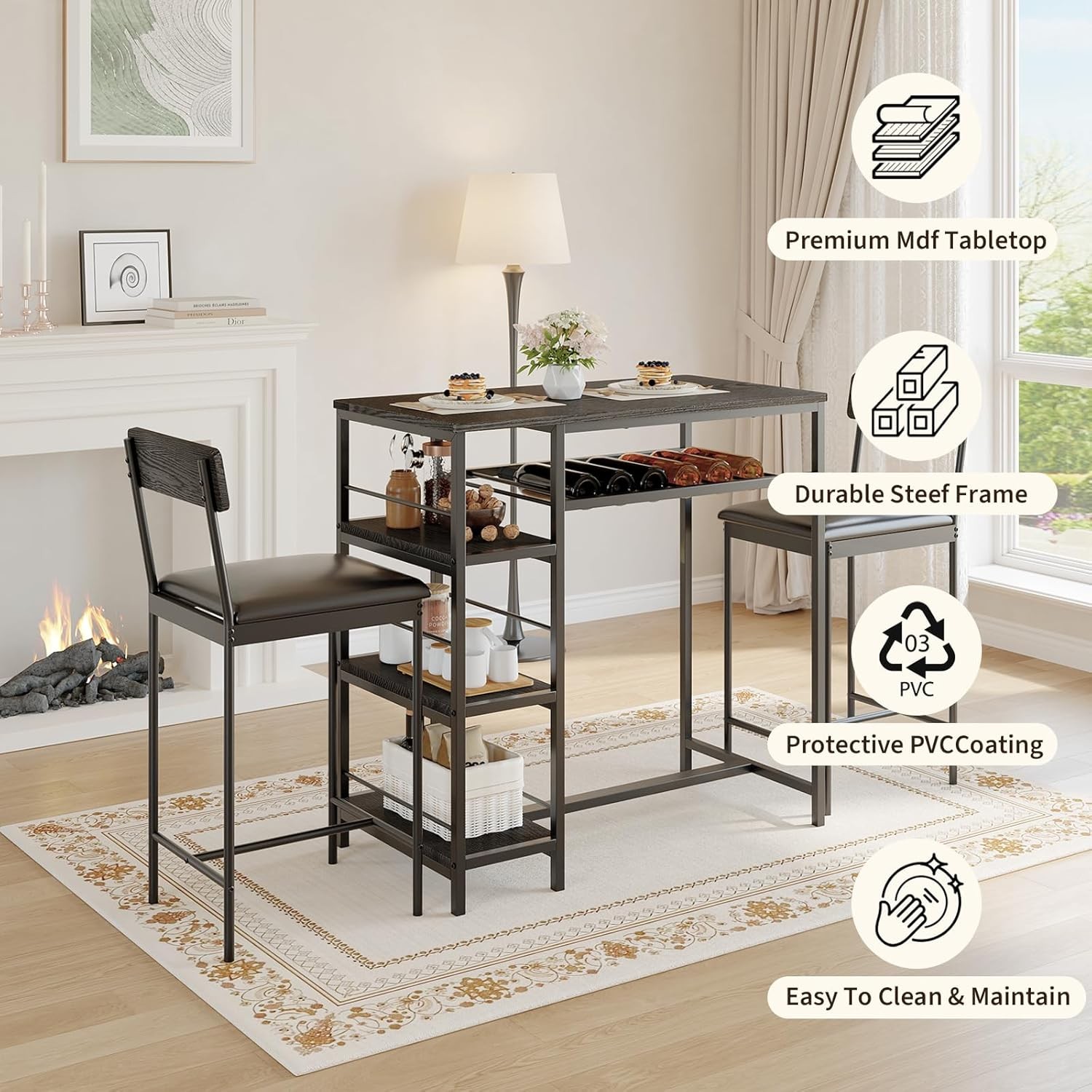 3pcs Dining Table Set for 2 Kitchen Dining Room with 2 Bar Stool and Wine Rack