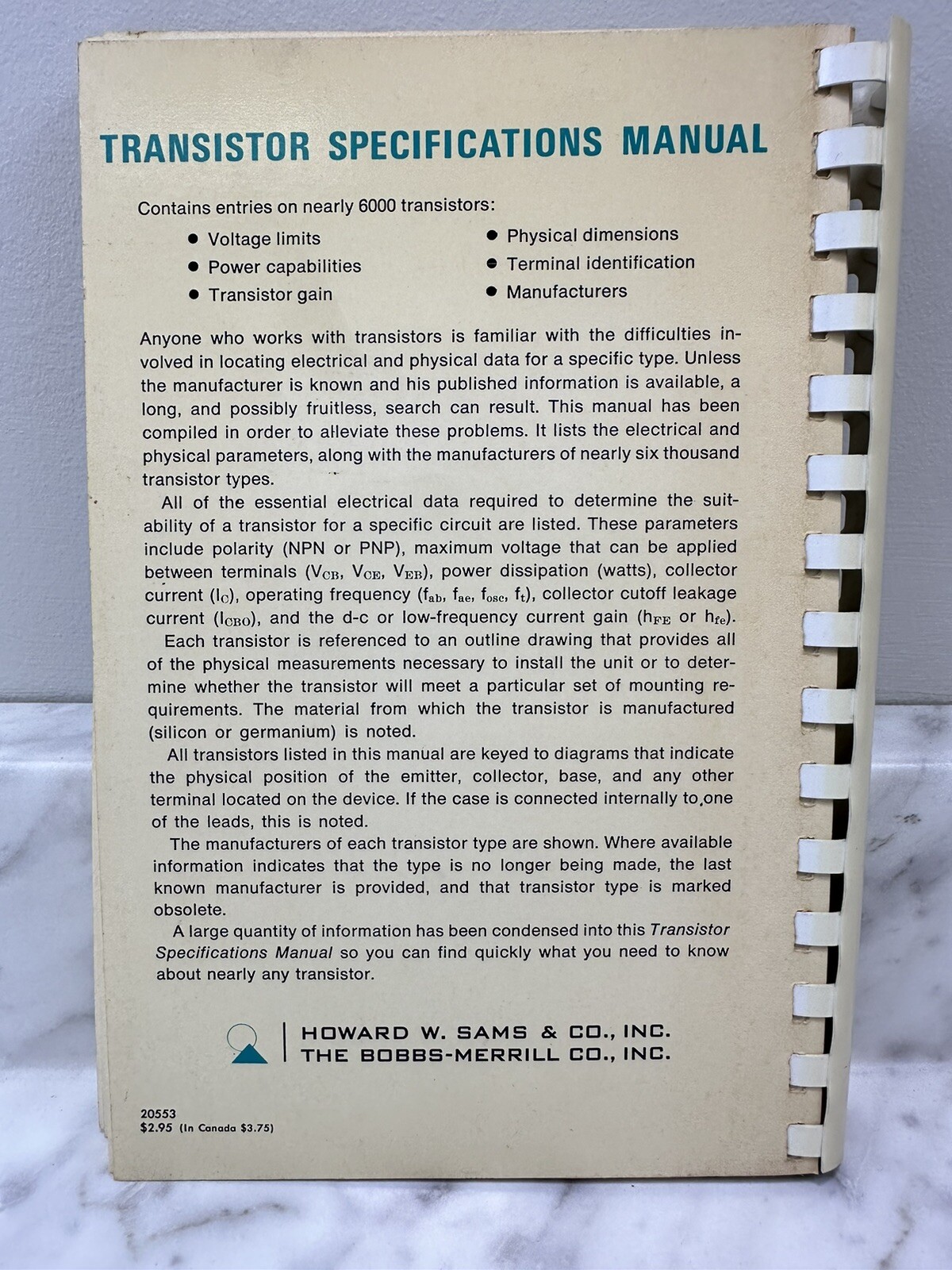 Howard Sams Transistor Specifications Manual 1967 Photofact Ring Bound