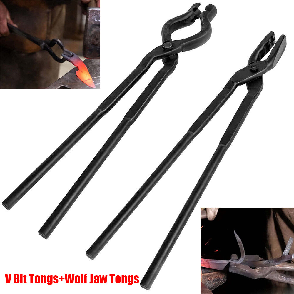 Knife Making Tongs Set Blacksmith Bladesmith Wolf Jaw V-Bit Tongs Kit Forge 2pcs