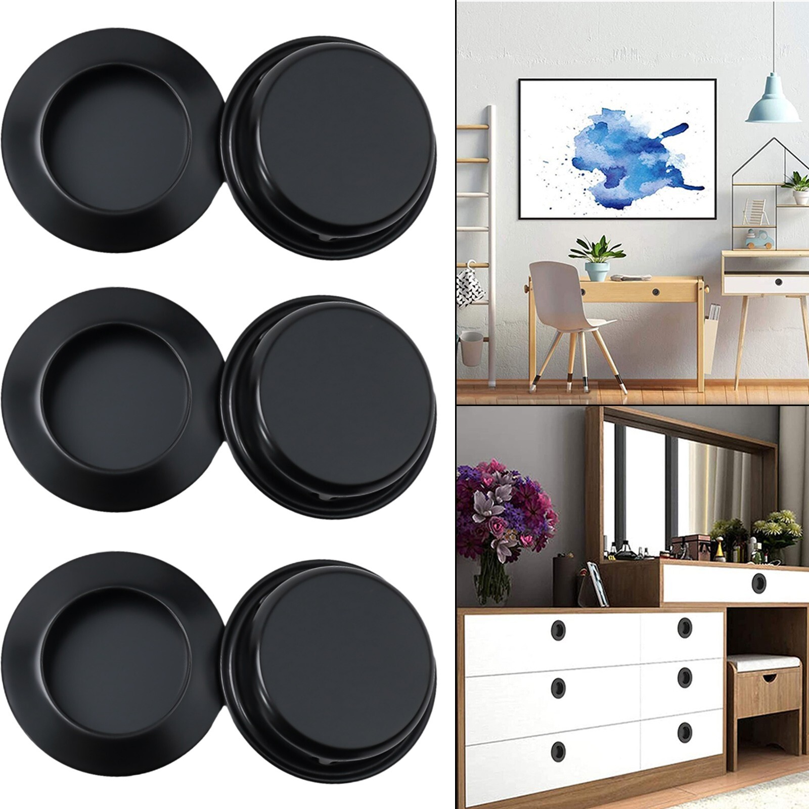 Round Pull Handles 6Pcs Flush Mount Bathroom Kitchen Cabinet Cupboard Set