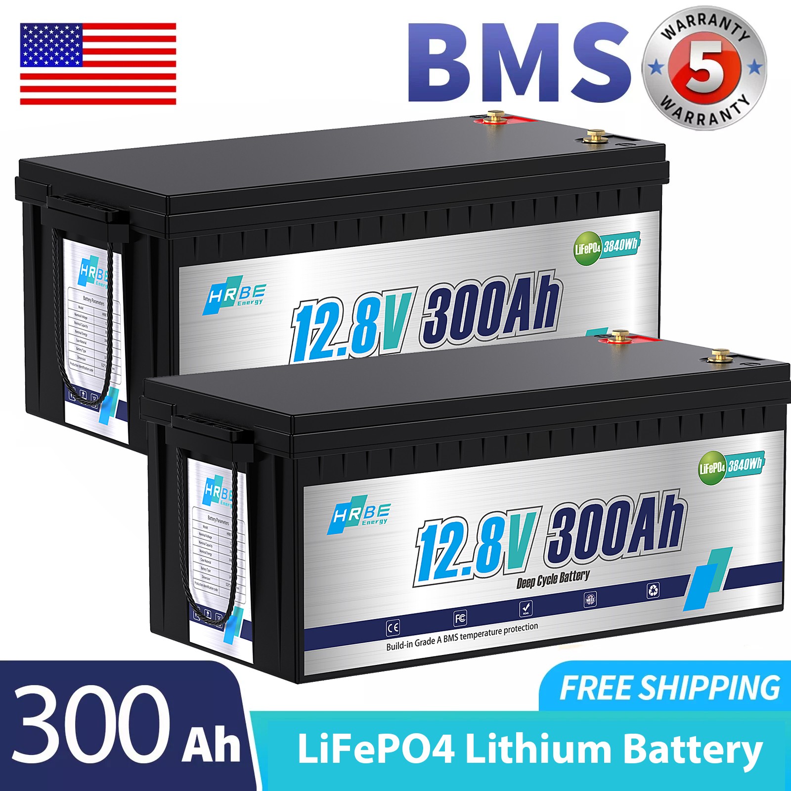 2Pack 12V 300Ah (12V 600Ah）LiFePO4 Lithium Battery 15000+Cycle 200A BMS RV Solar