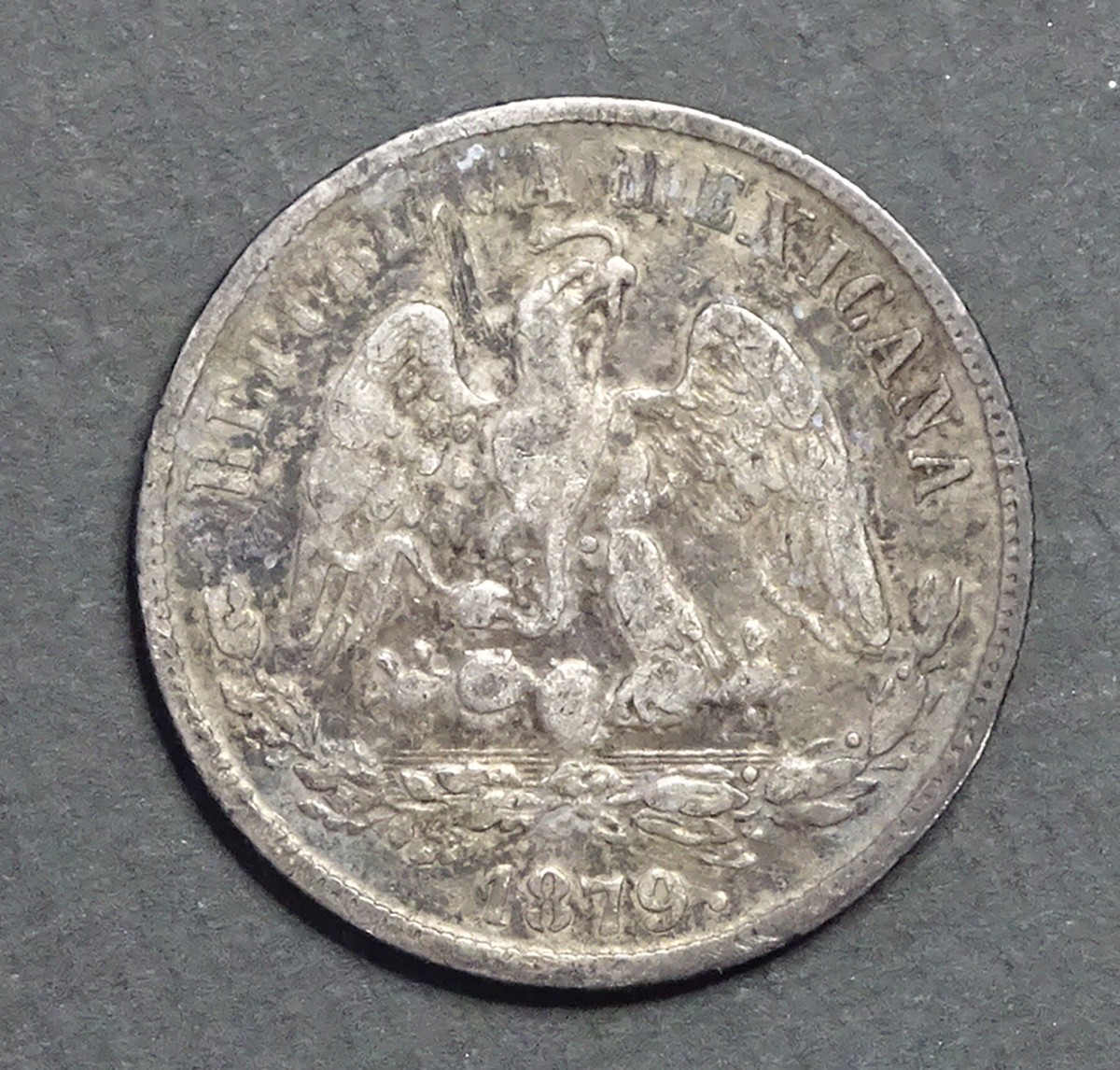 1879 MEXICO Eagle & Cap MEXICAN SILVER 50 Centavos Coin / ALAMOS MINT As L