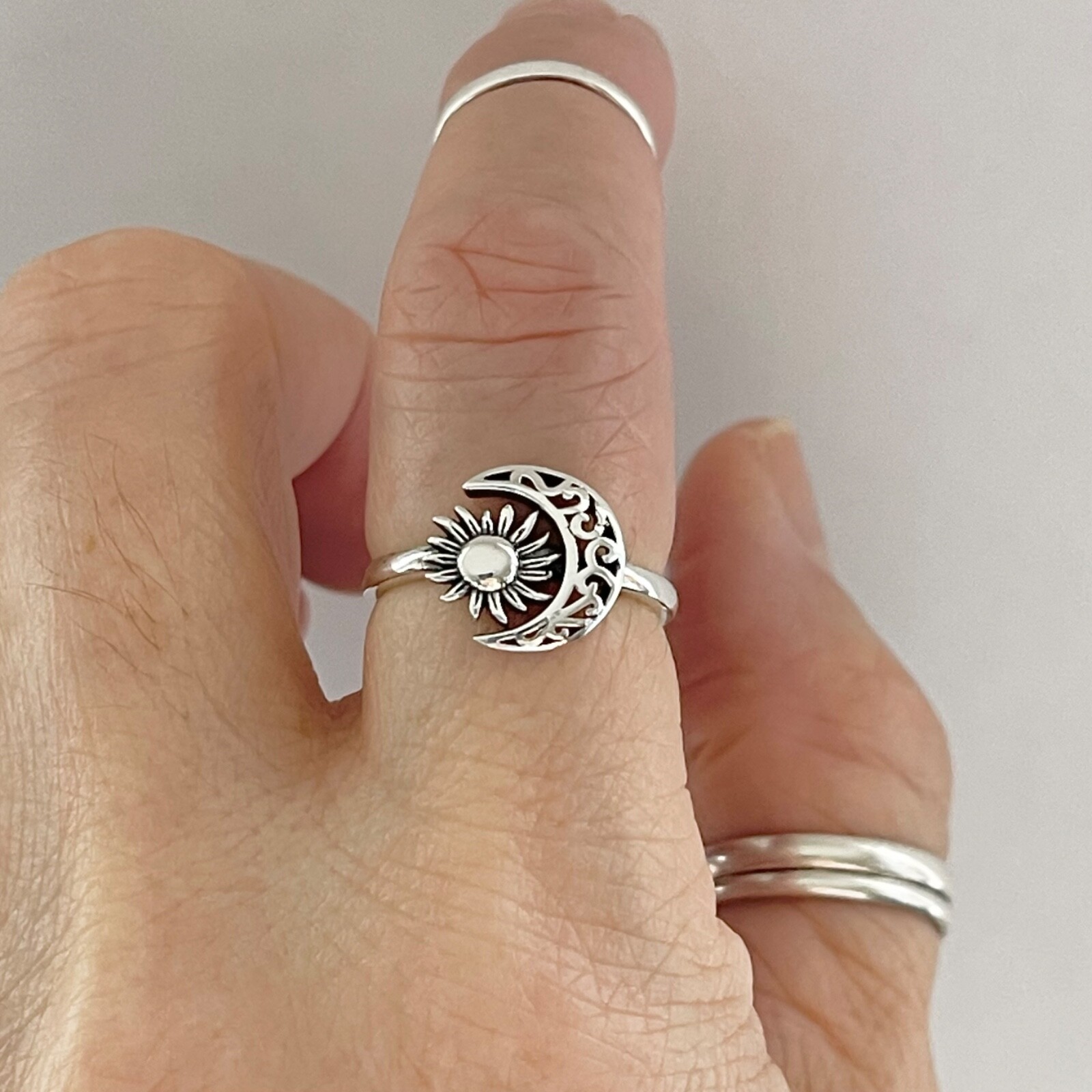 Sterling Silver Filigree Moon Face and Sun Ring, Celestial Silver Rings